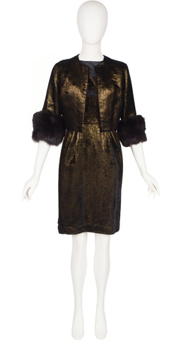1960s Fox Fur Trim Gold Lurex Cocktail Dress Set