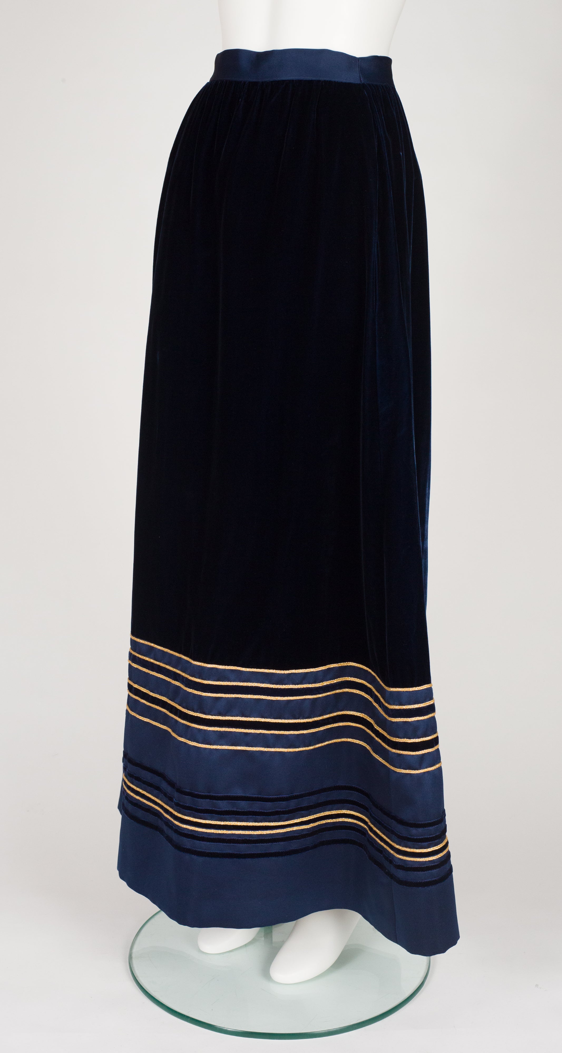 1970s Gold & Navy Velvet Floor Length Evening Skirt