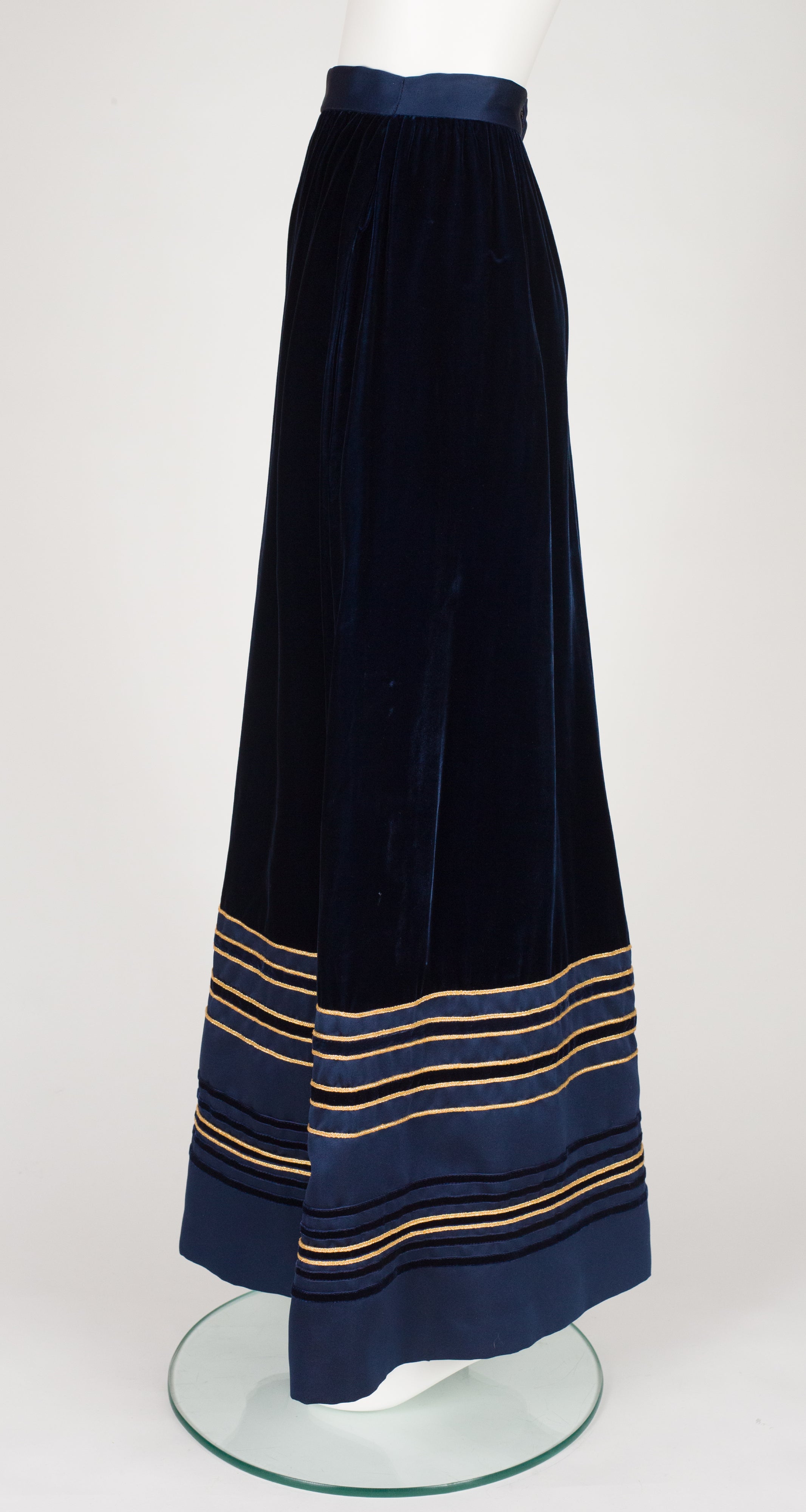 1970s Gold & Navy Velvet Floor Length Evening Skirt