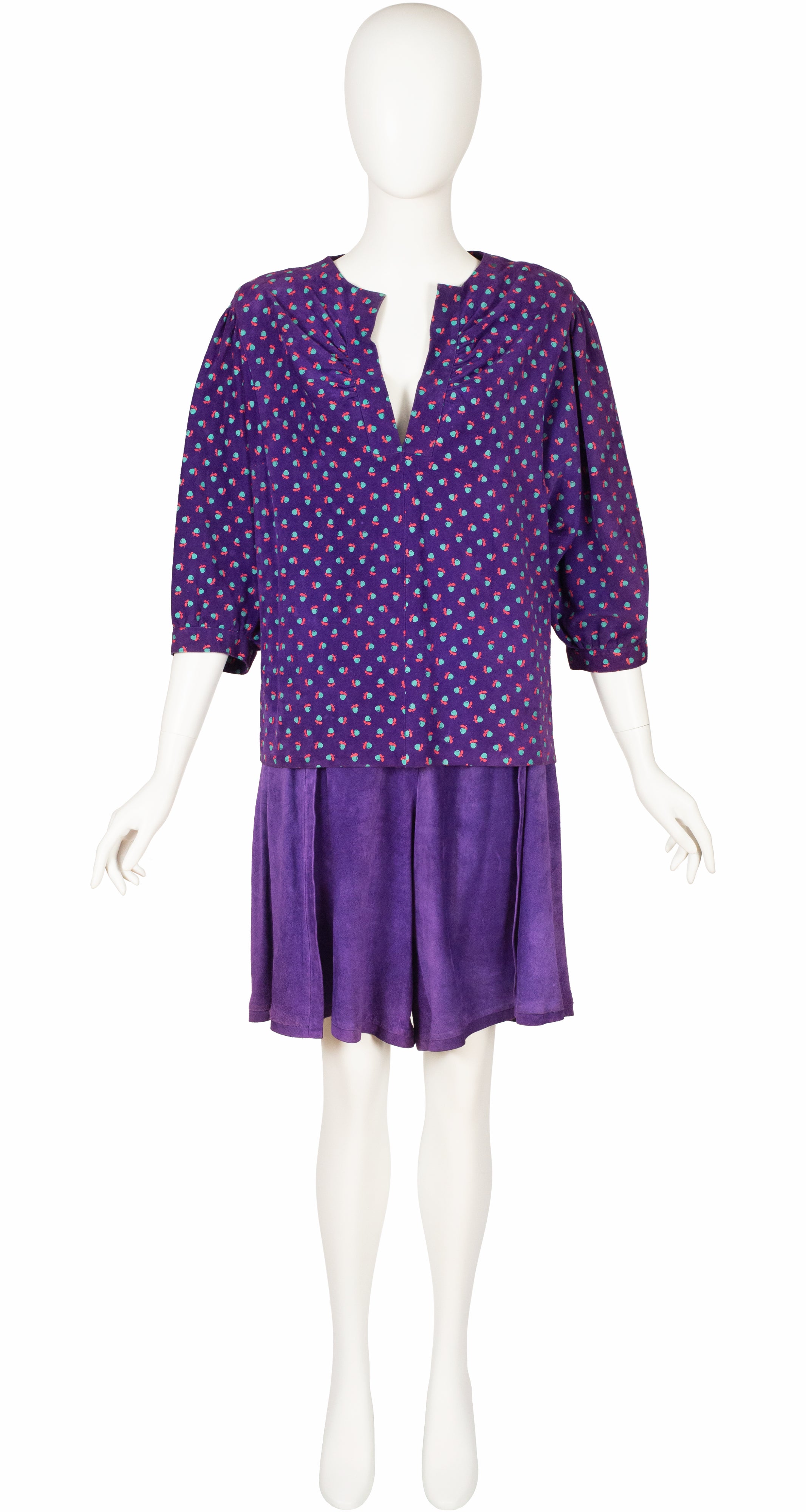 1982 S/S Apple Print Purple Suede Top & Shorts Set