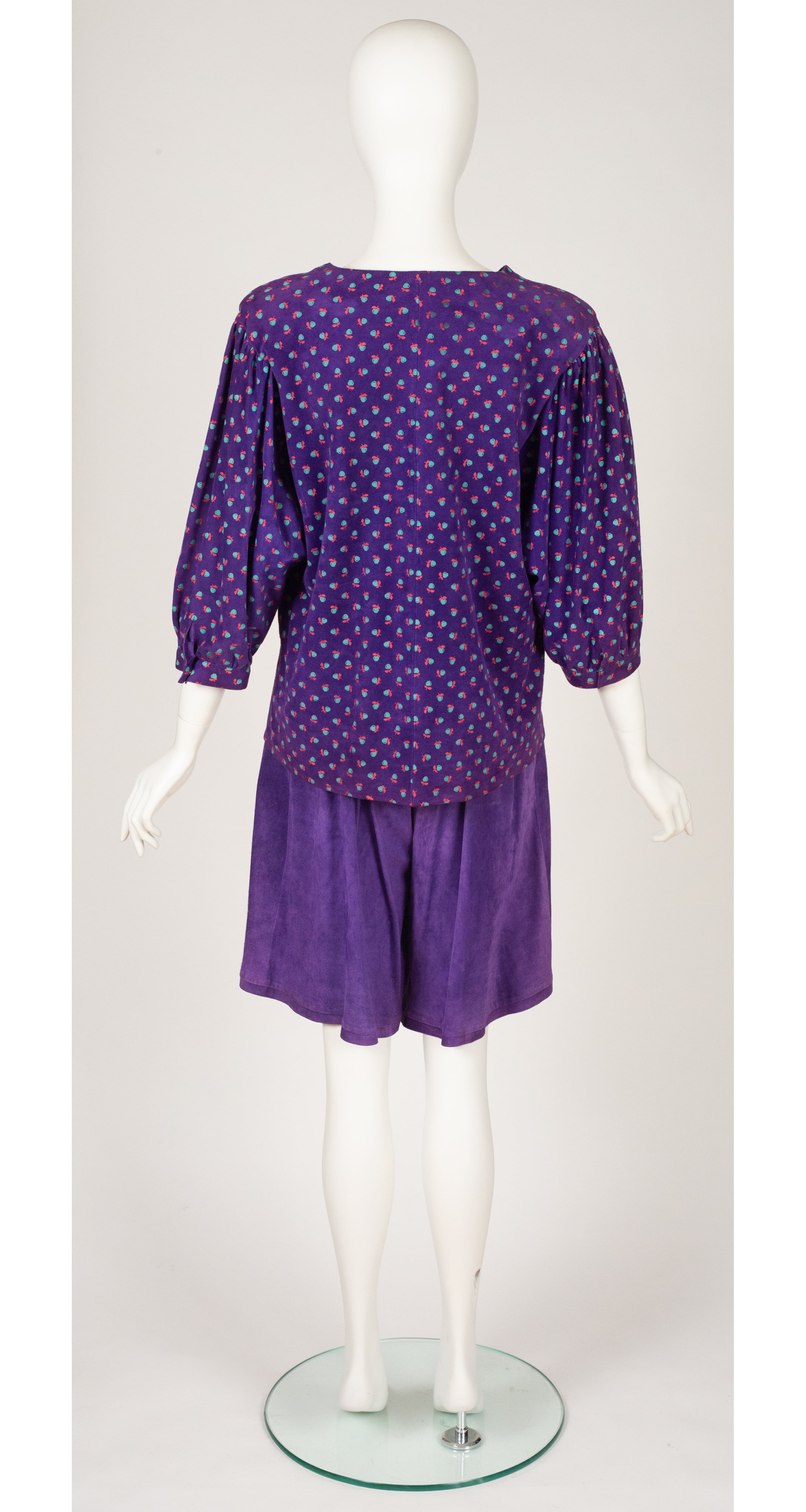 1982 S/S Apple Print Purple Suede Top & Shorts Set