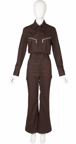 1970s Brown Denim Flared Workwear Jumpsuit