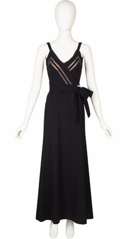 1970s Couture Eyelet Black Wool Crepe Evening Gown