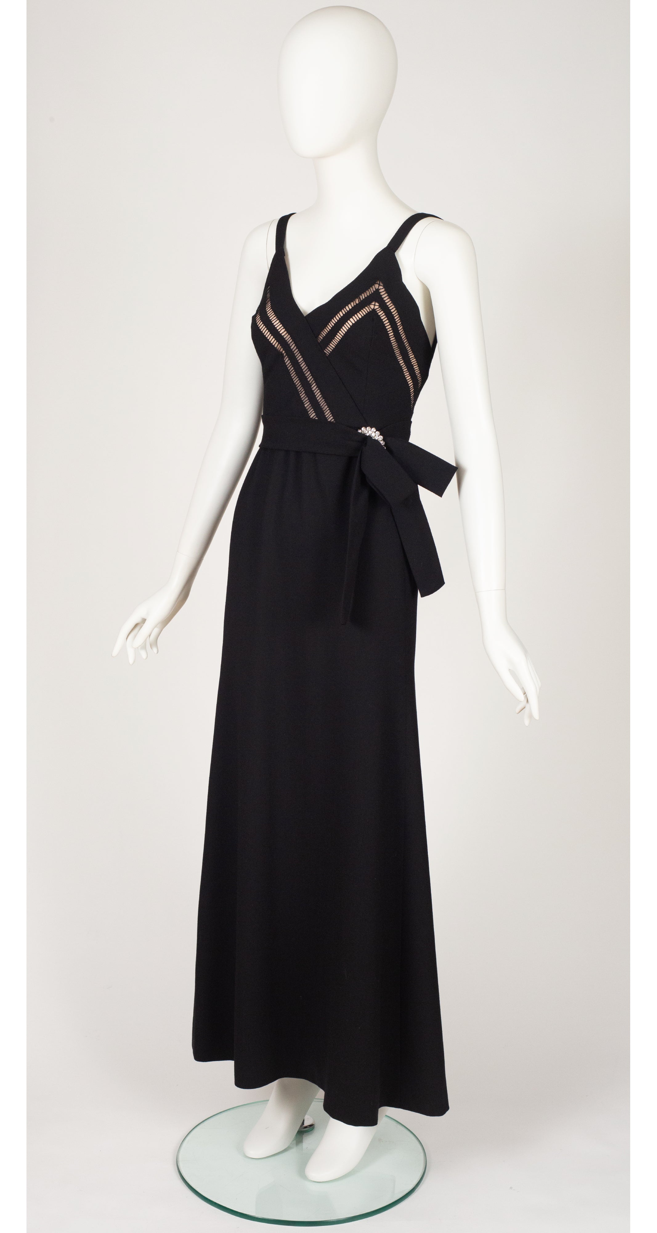 1970s Couture Eyelet Black Wool Crepe Evening Gown