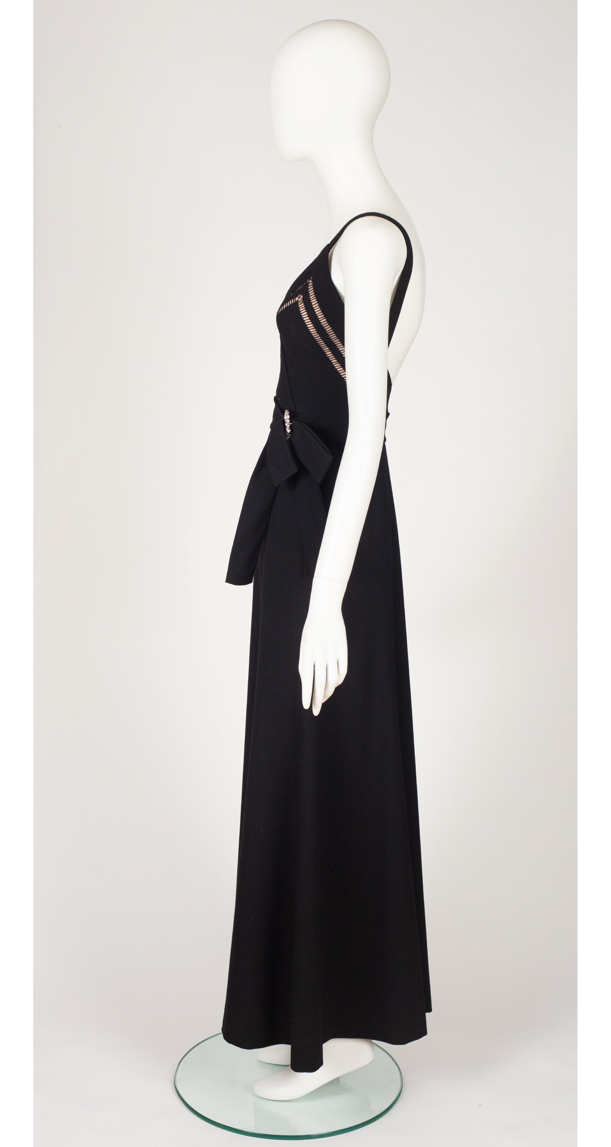 1970s Couture Eyelet Black Wool Crepe Evening Gown