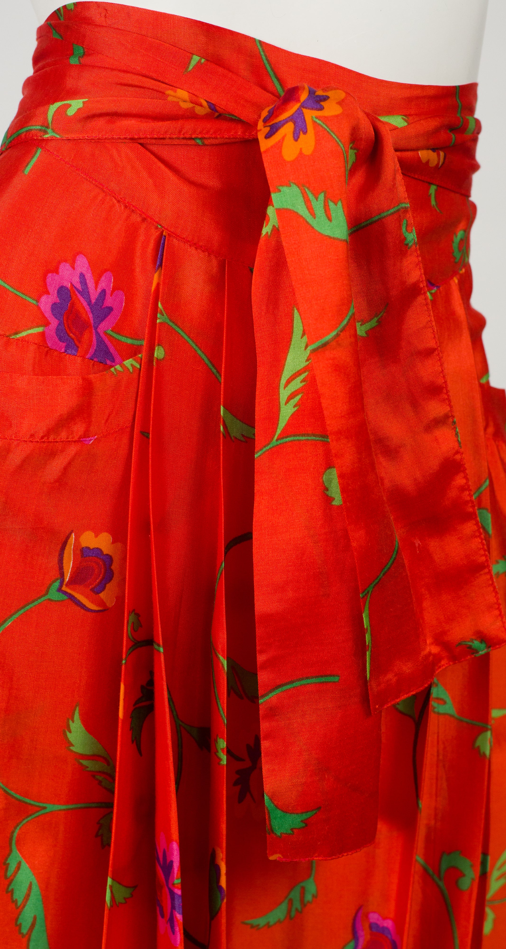 1978 S/S Documented Floral Blood Orange Rayon Wrap Skirt