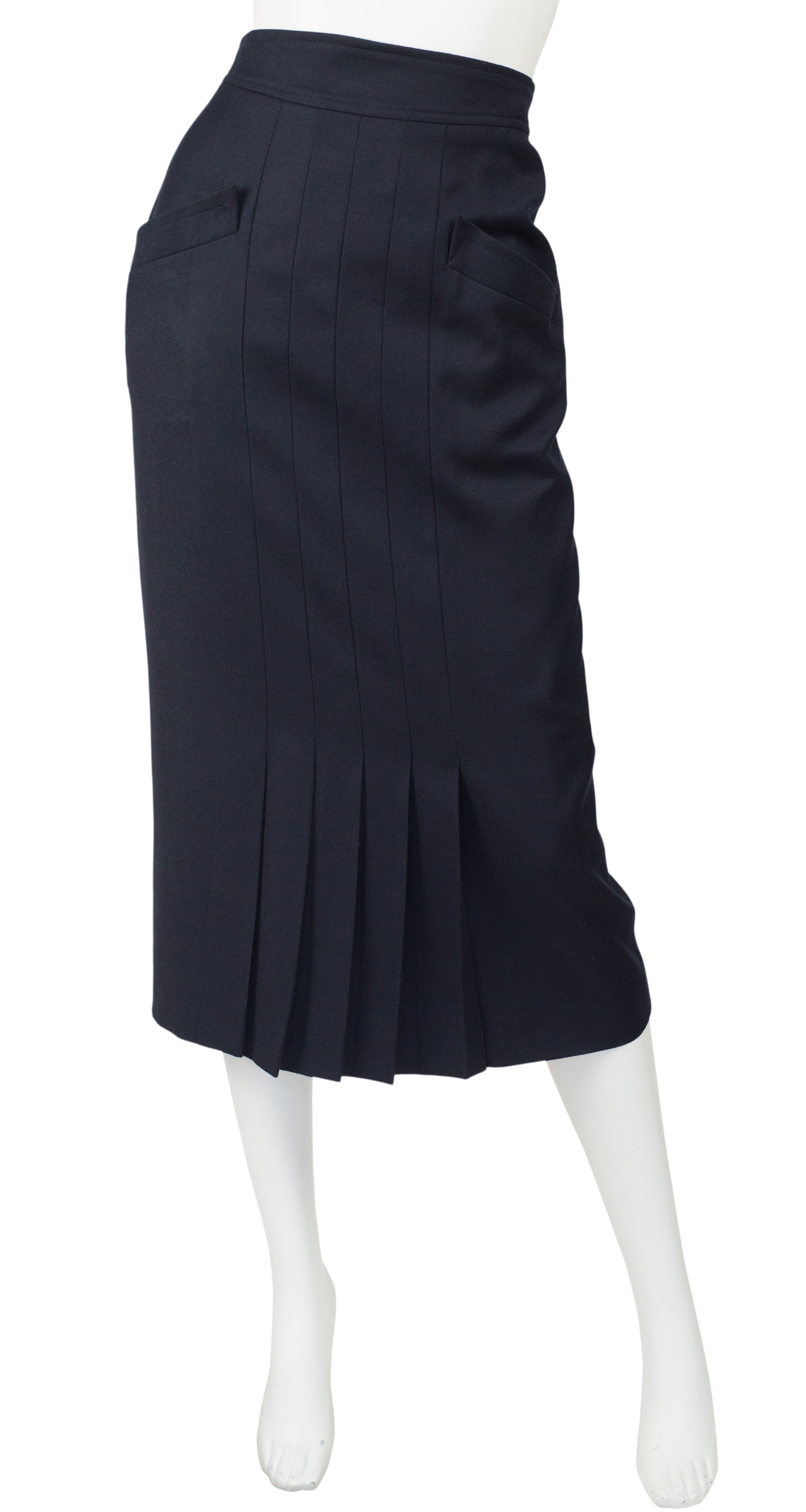 1980s Pleated Navy Wool Midi Pencil Skirt