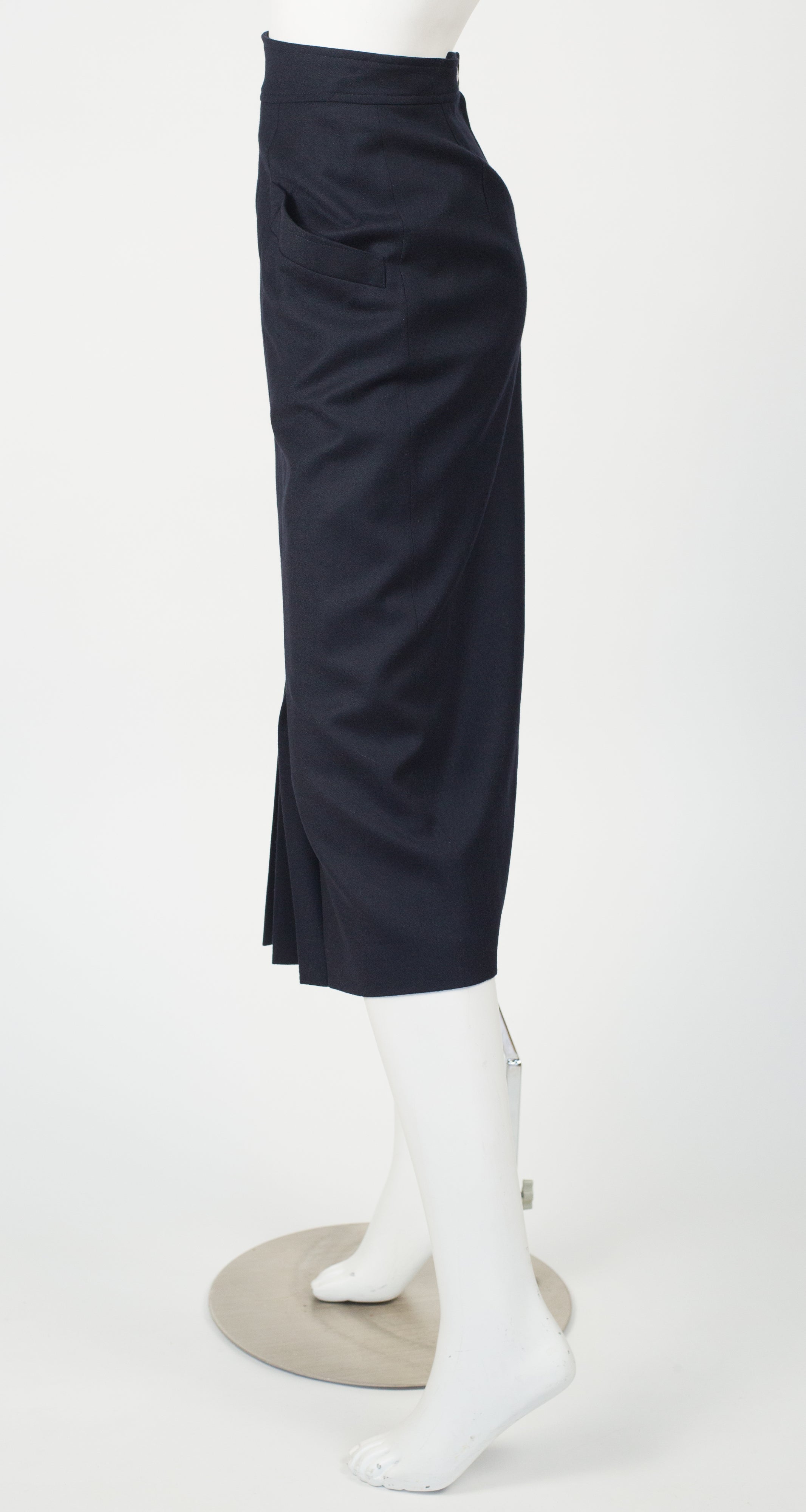 1980s Pleated Navy Wool Midi Pencil Skirt