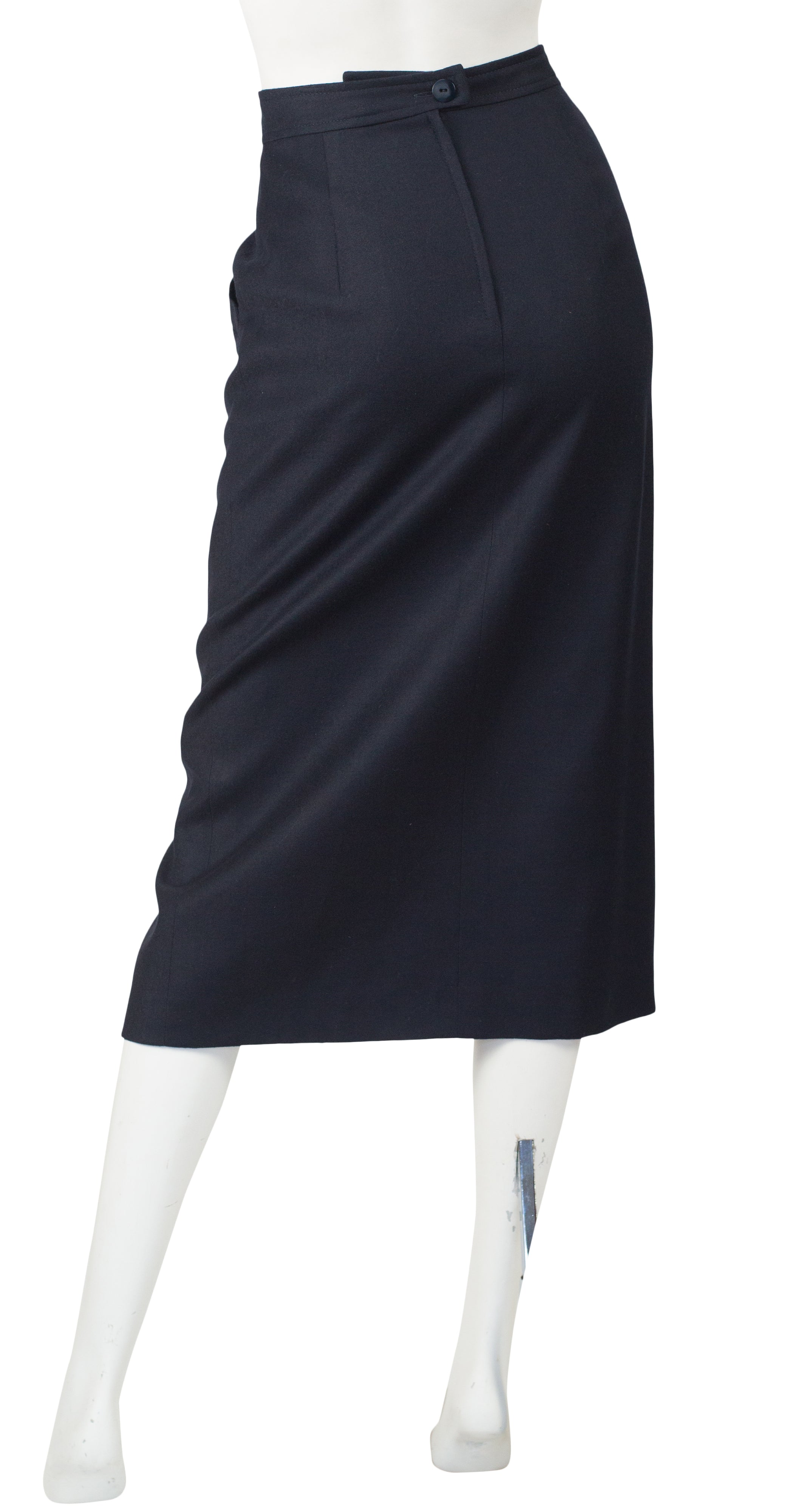 1980s Pleated Navy Wool Midi Pencil Skirt