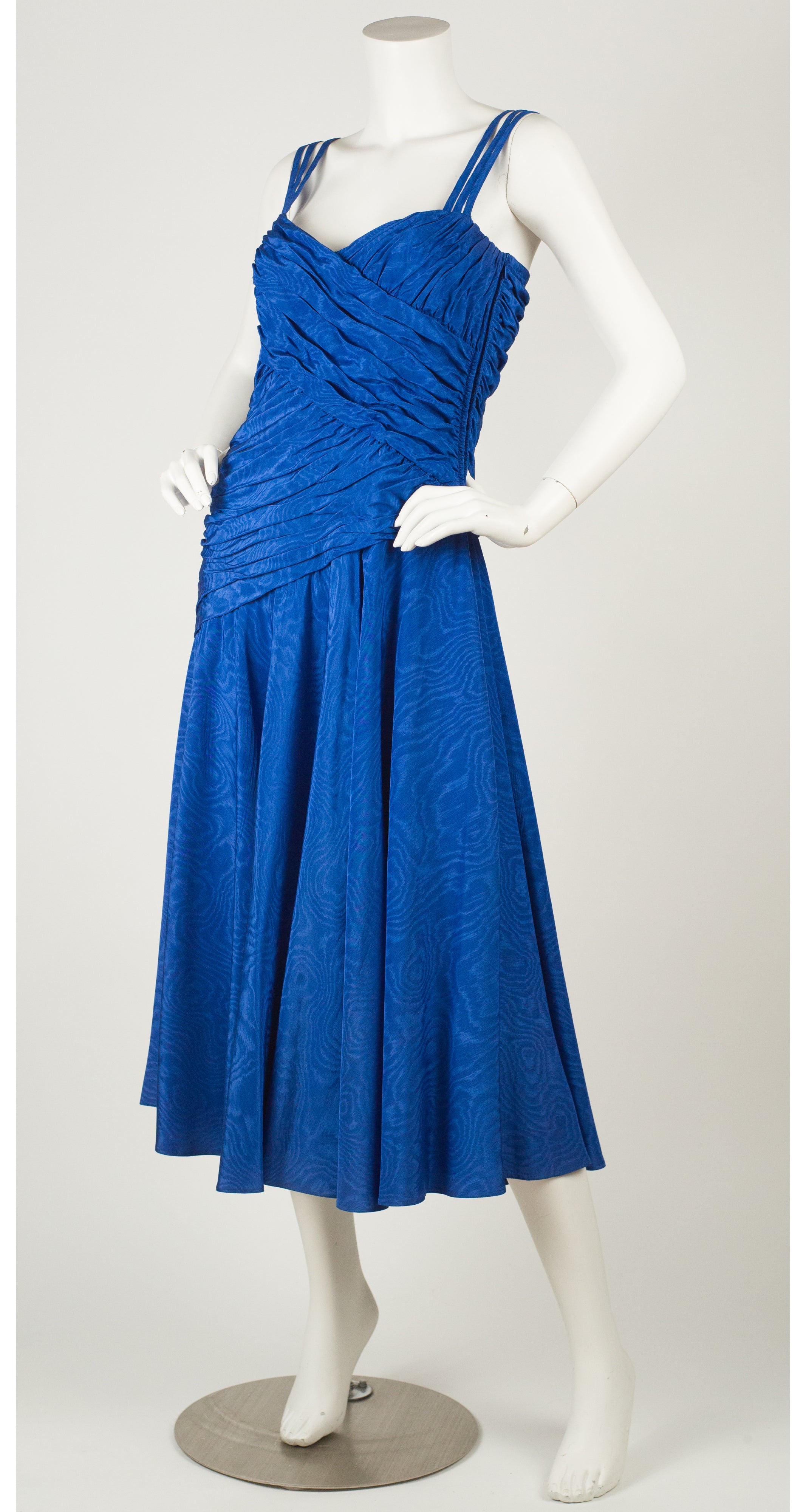 1980s Blue Viscose Moire Evening Dress