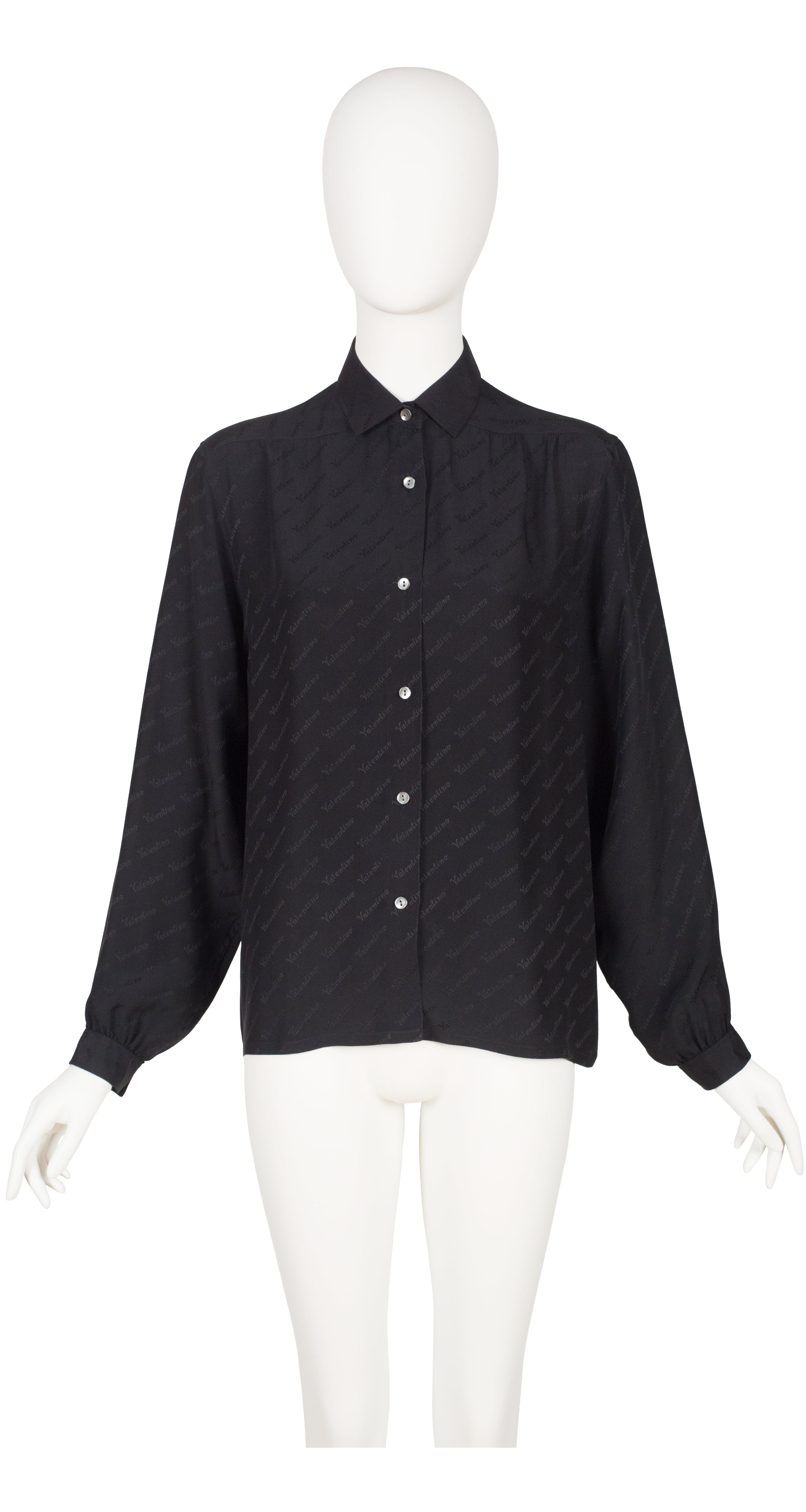 1970s Signature Black Silk Jacquard Collared Blouse