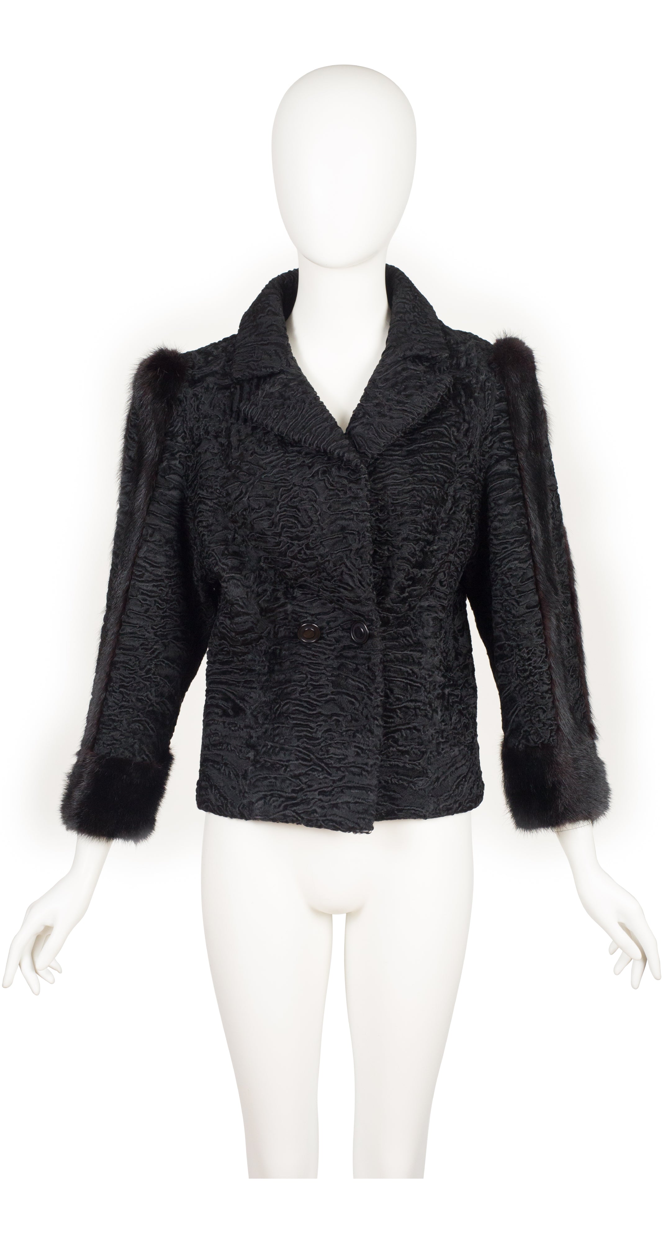 1970s Black Persian Lamb Mink Fur Trim Collared Jacket
