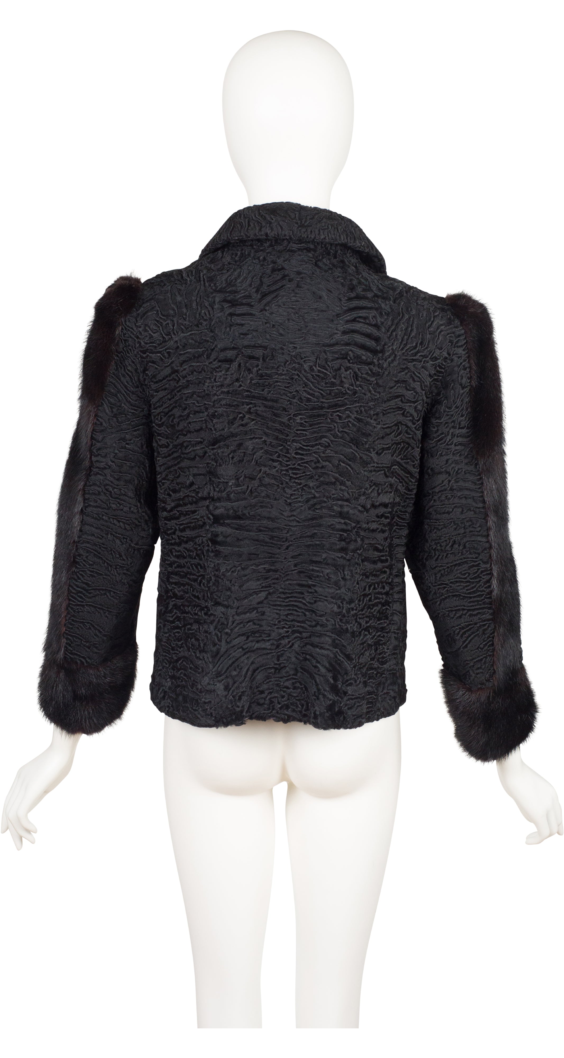 1970s Black Persian Lamb Mink Fur Trim Collared Jacket