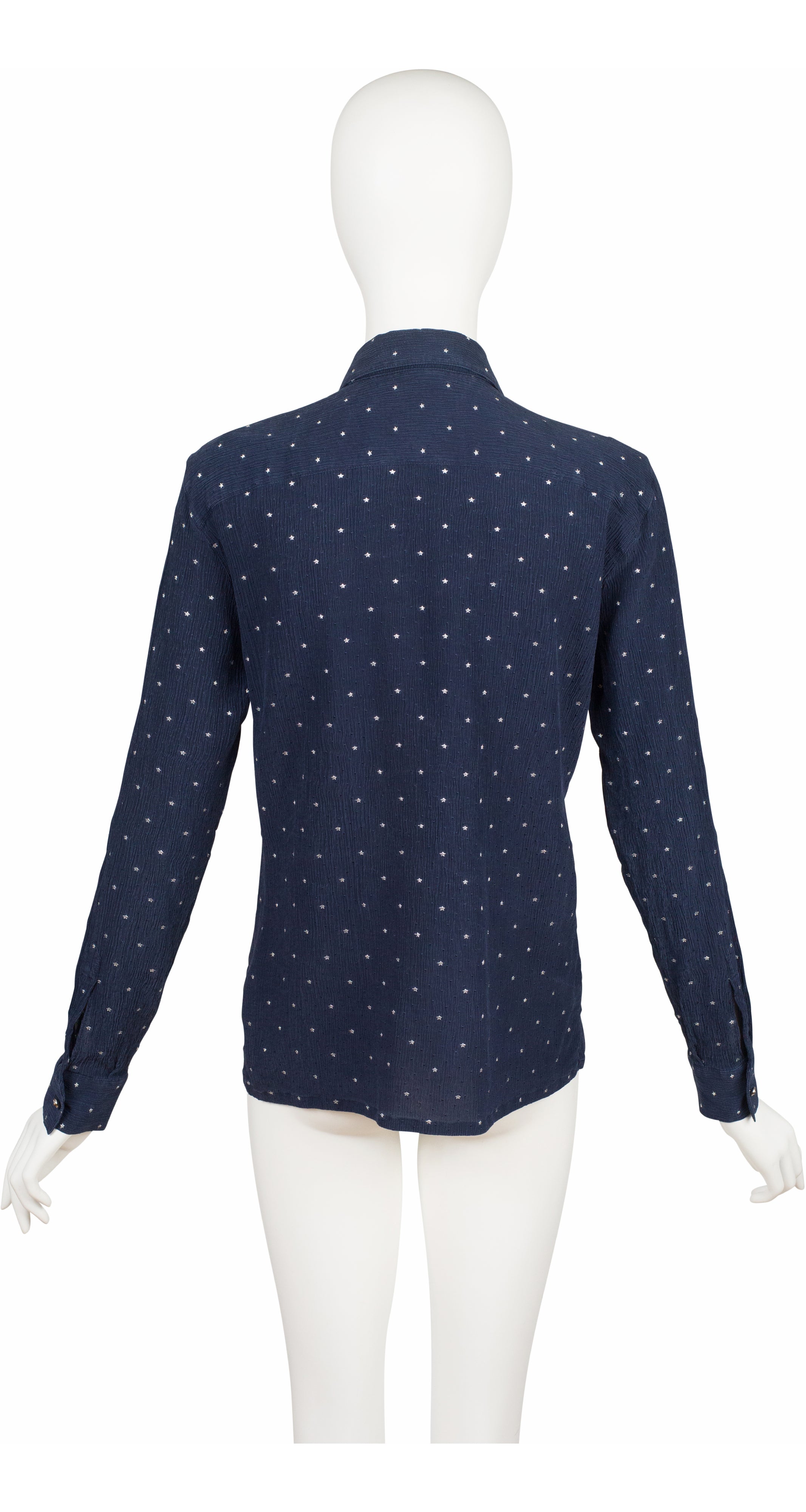 1990s Silver Star Navy Silk Collared Button-Up Blouse
