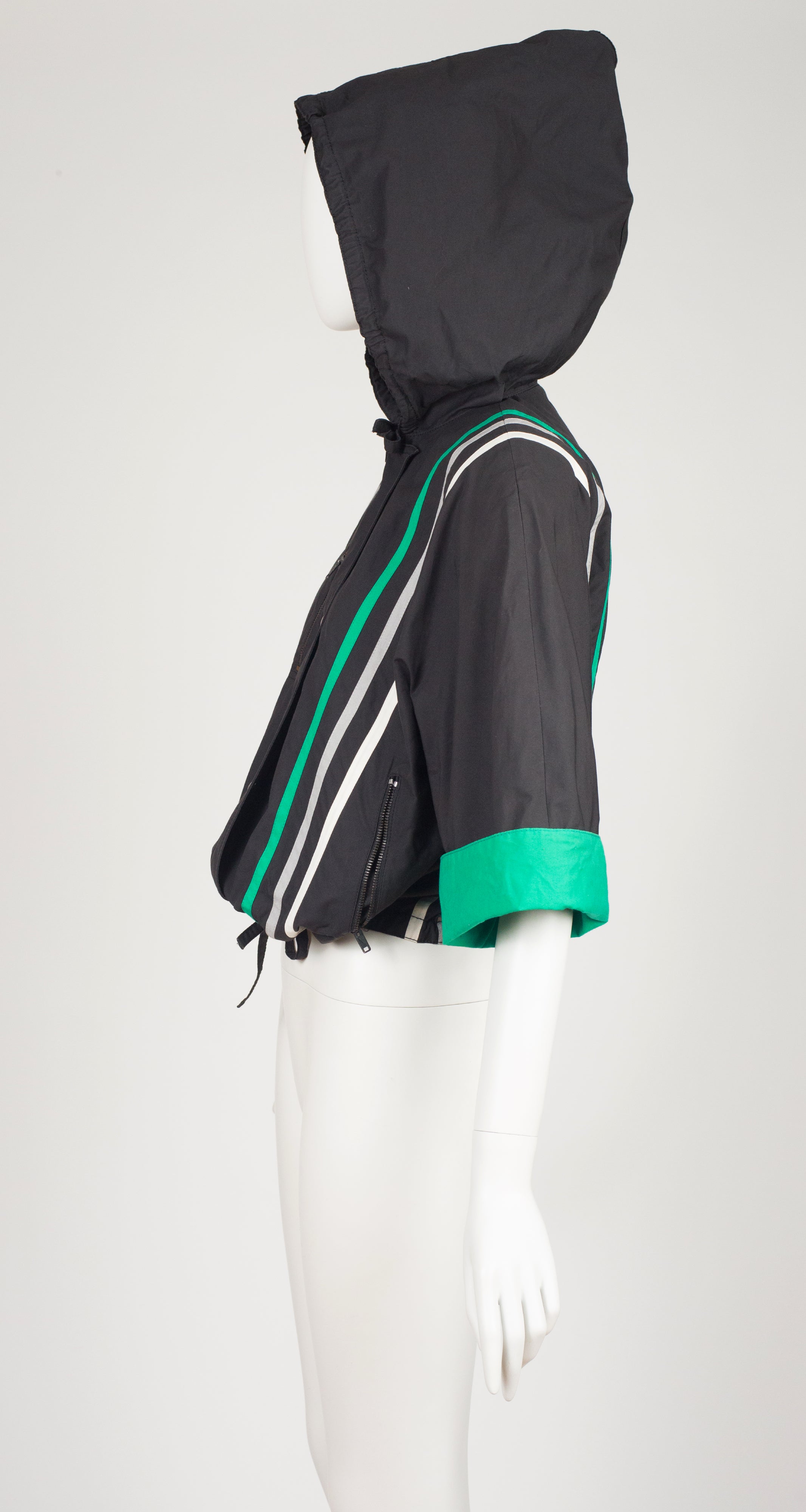 1983 S/S Runway Striped Black Cotton Hooded Bomber Jacket