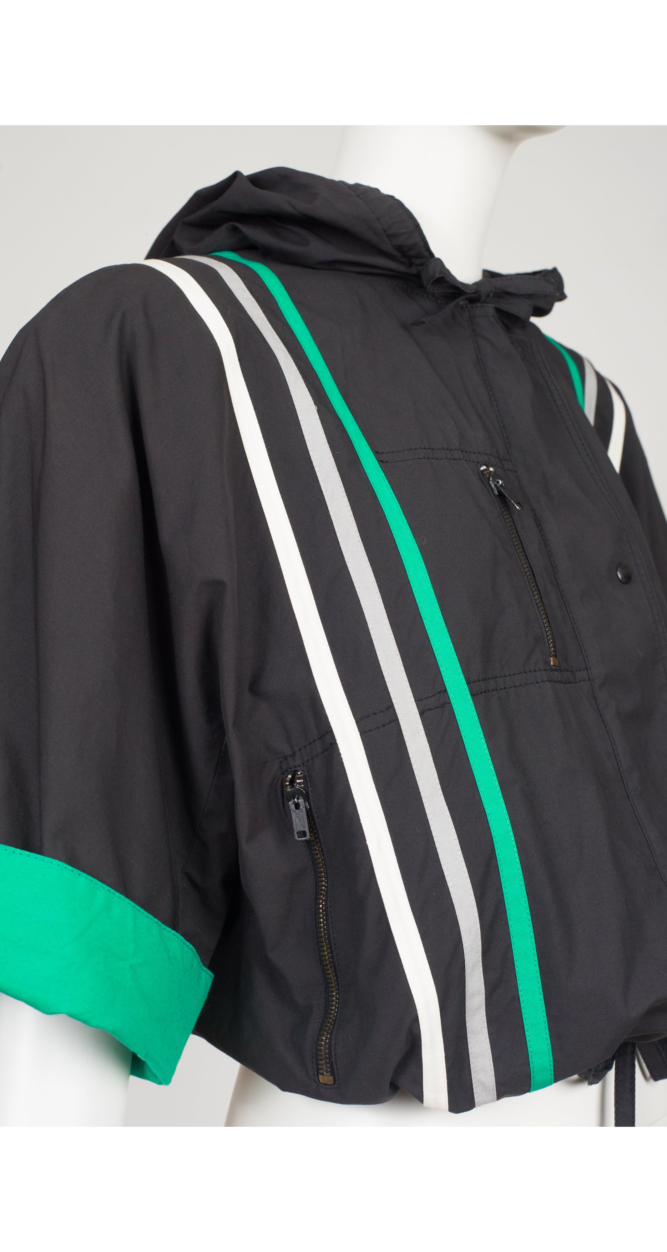 1983 S/S Runway Striped Black Cotton Hooded Bomber Jacket