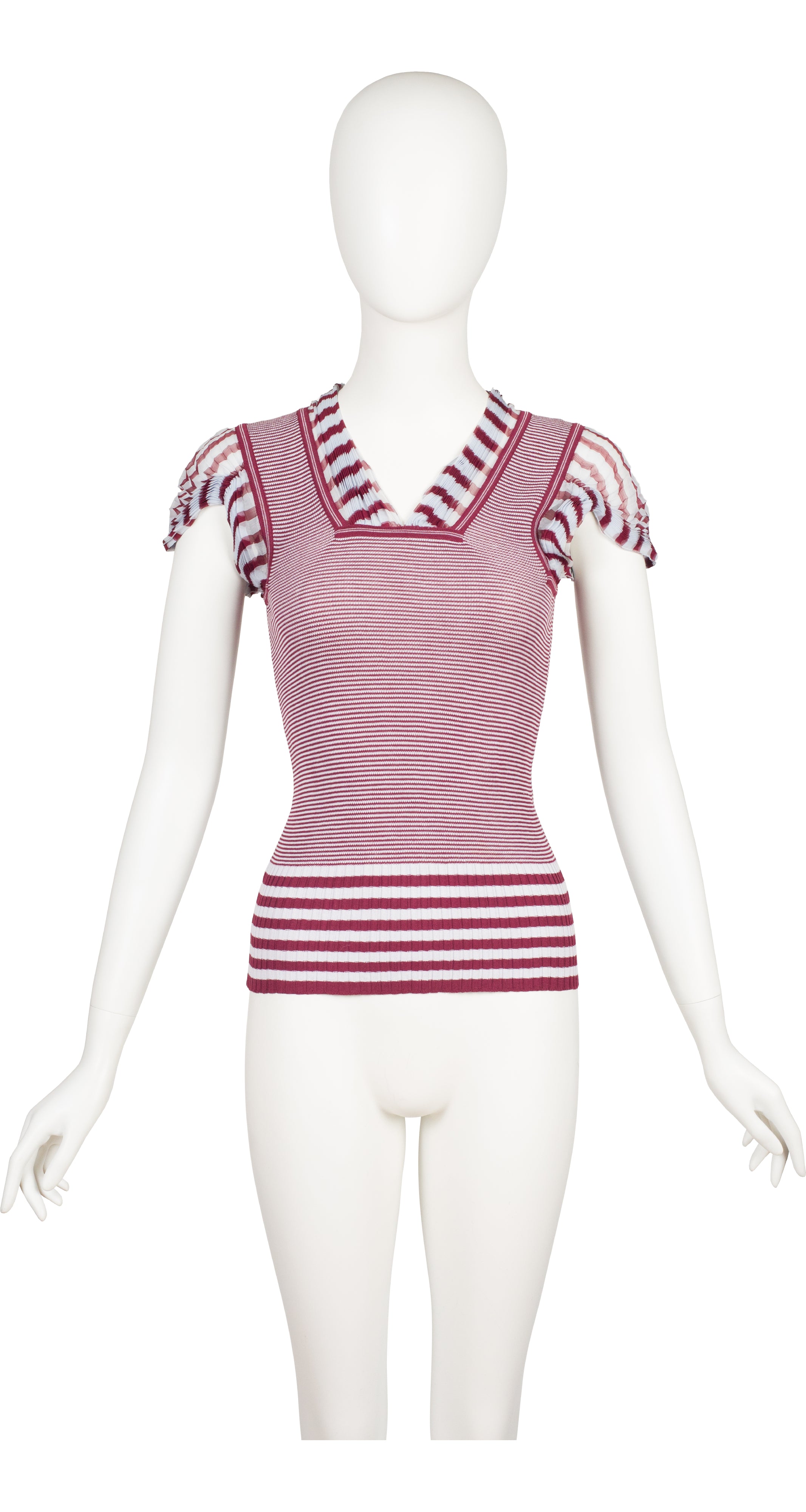 2000s Pleated Silk Chiffon Trim Striped Knit Top