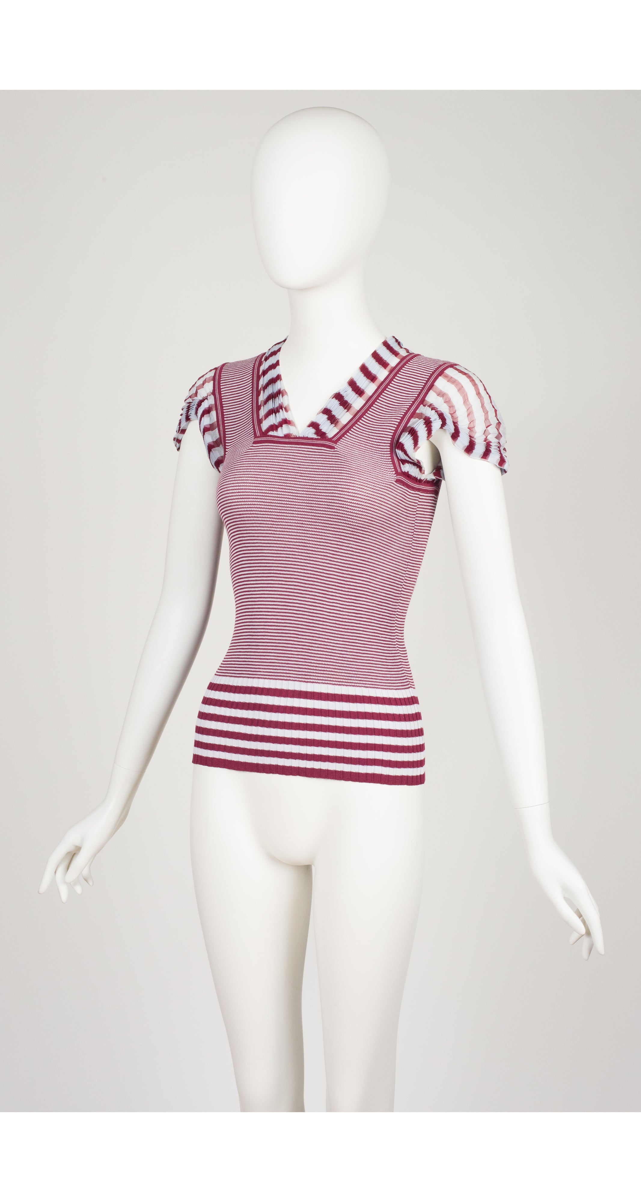 2000s Pleated Silk Chiffon Trim Striped Knit Top