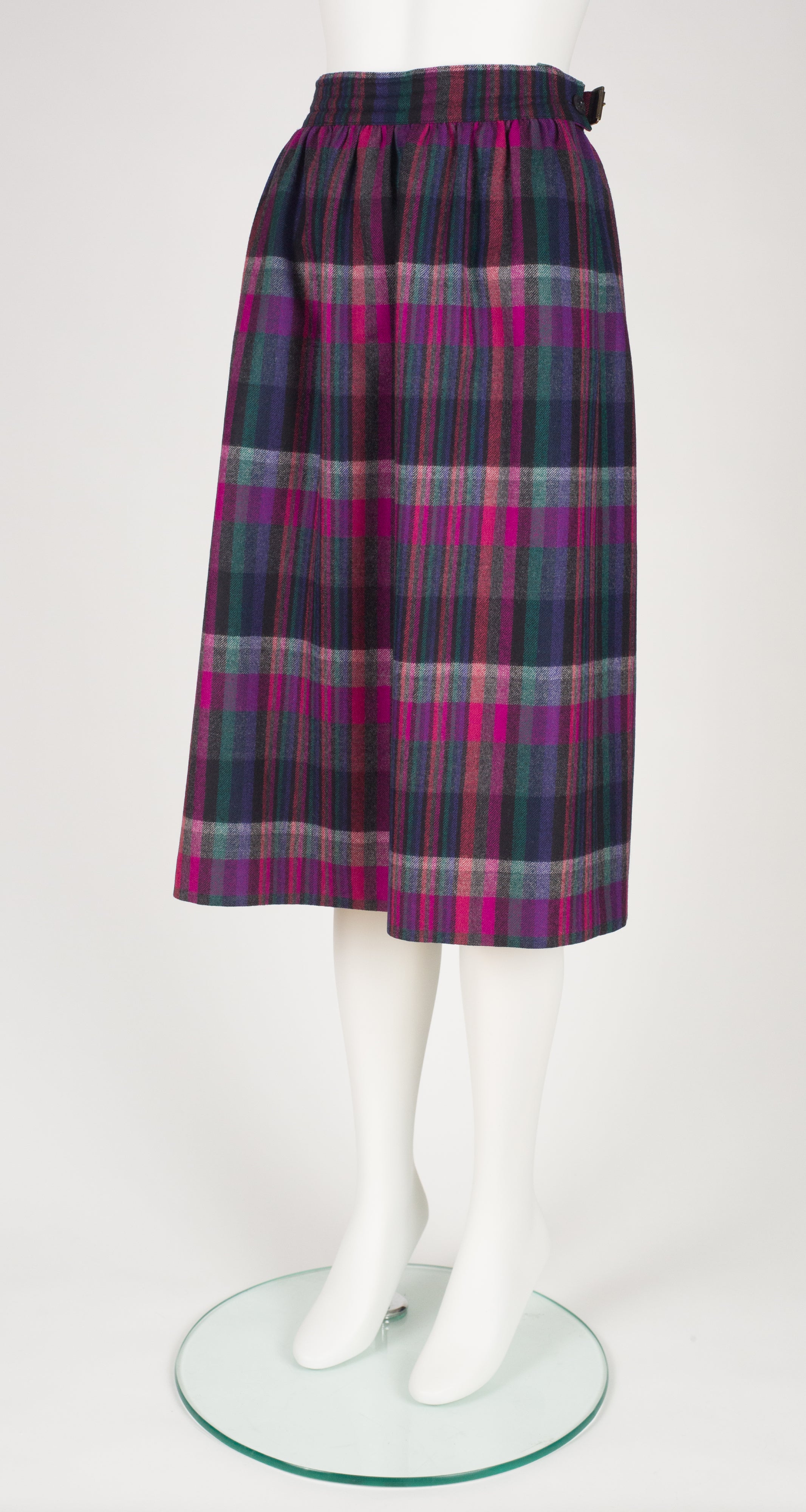 1980s Plaid Wool High-Waisted Buckle Skirt