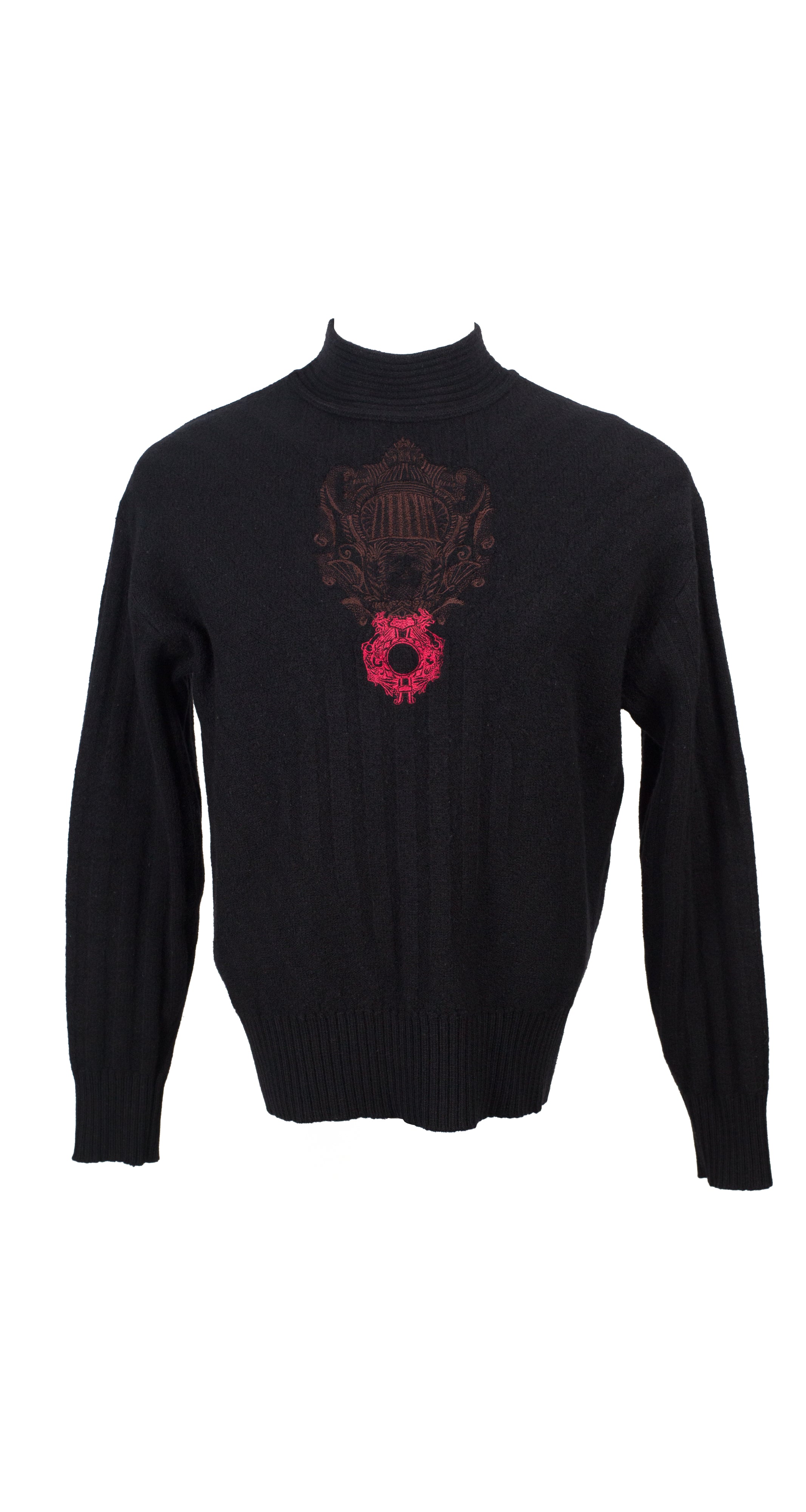 1980s Men's Embroidered Emblem Black Wool Turtleneck Sweater