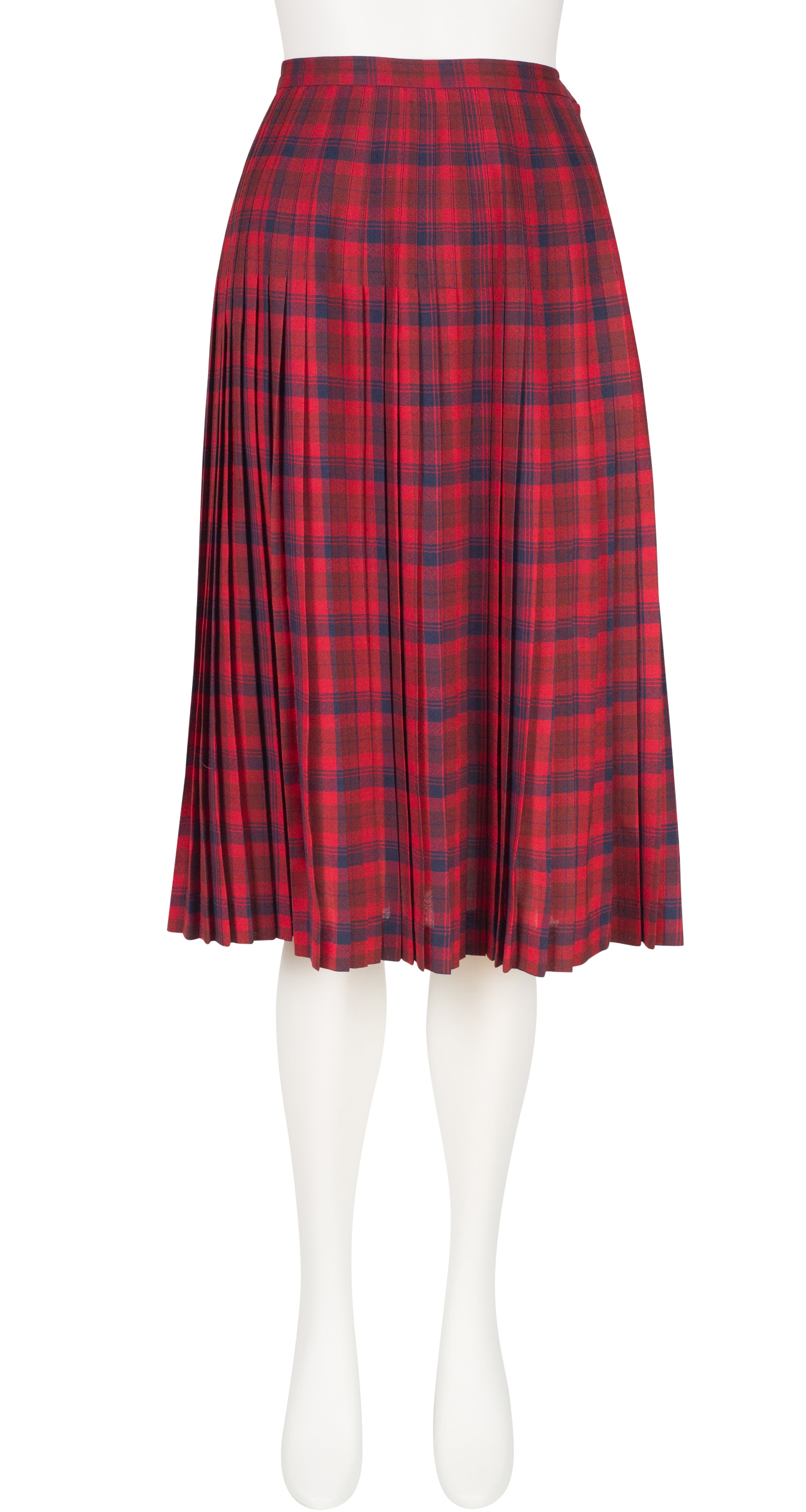 1970s Red Plaid Wool Pleated High-Waisted Skirt