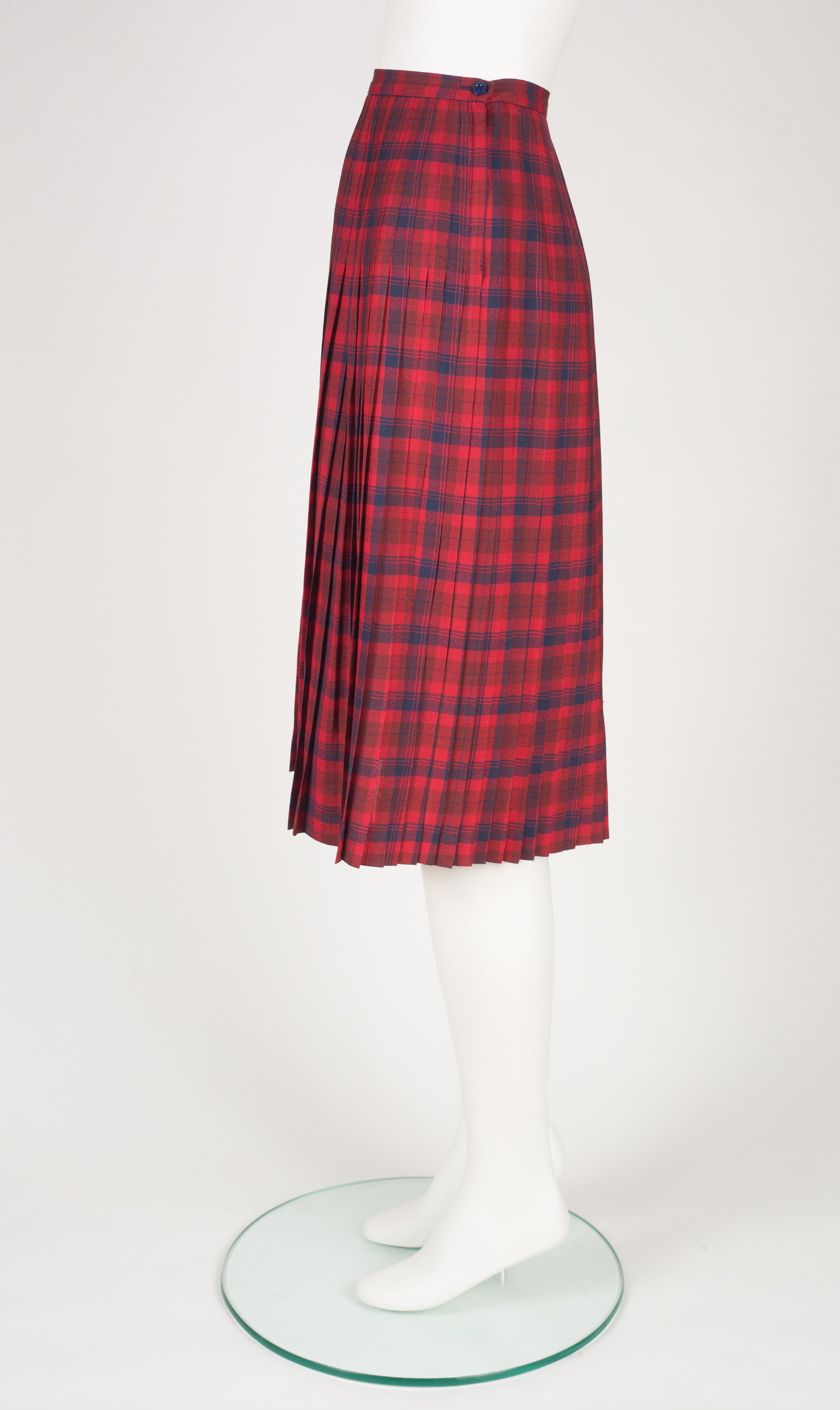 1970s Red Plaid Wool Pleated High-Waisted Skirt