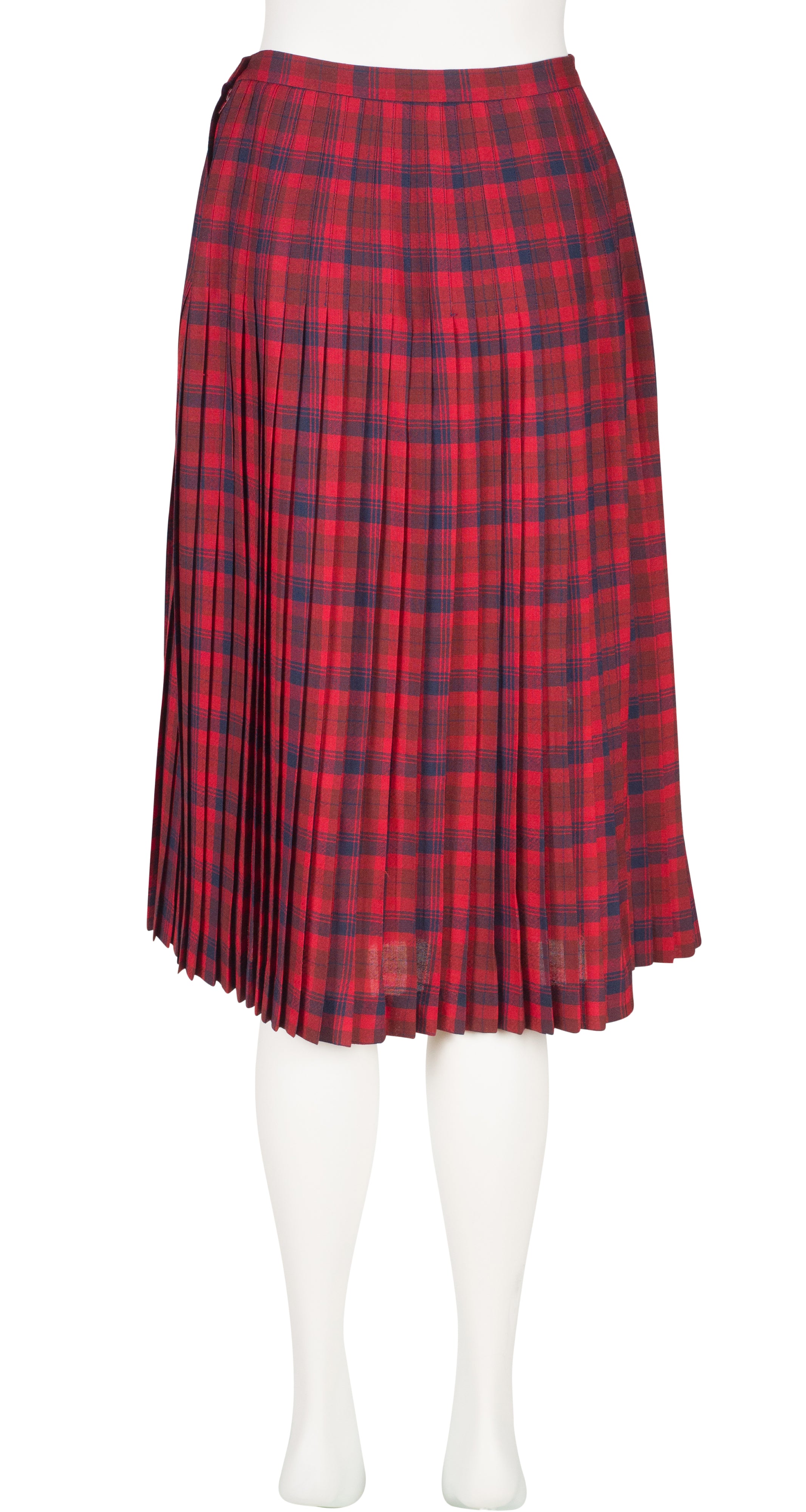 1970s Red Plaid Wool Pleated High-Waisted Skirt