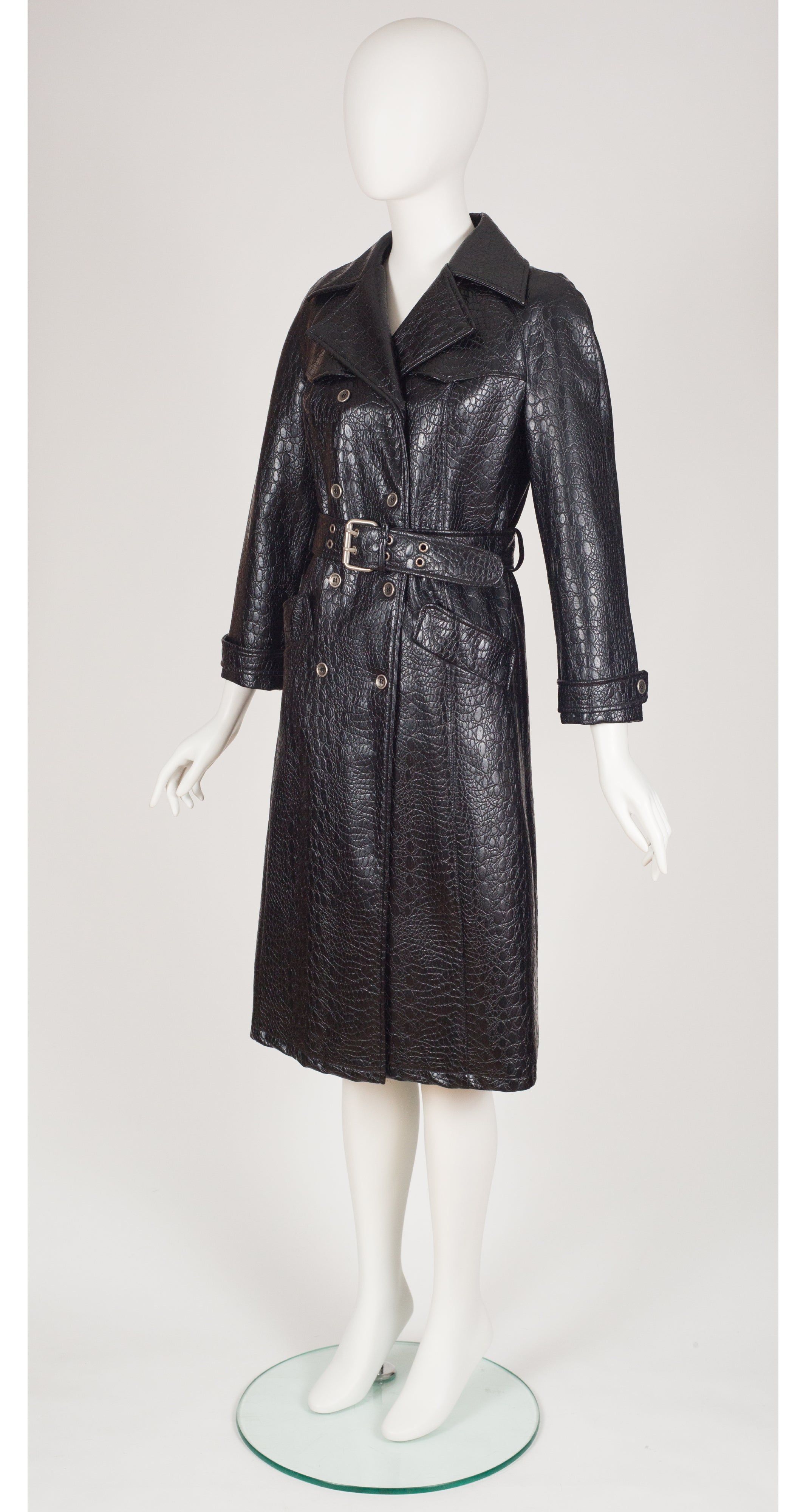 1970s Black Faux Crocodile Double-Breasted Trench Coat