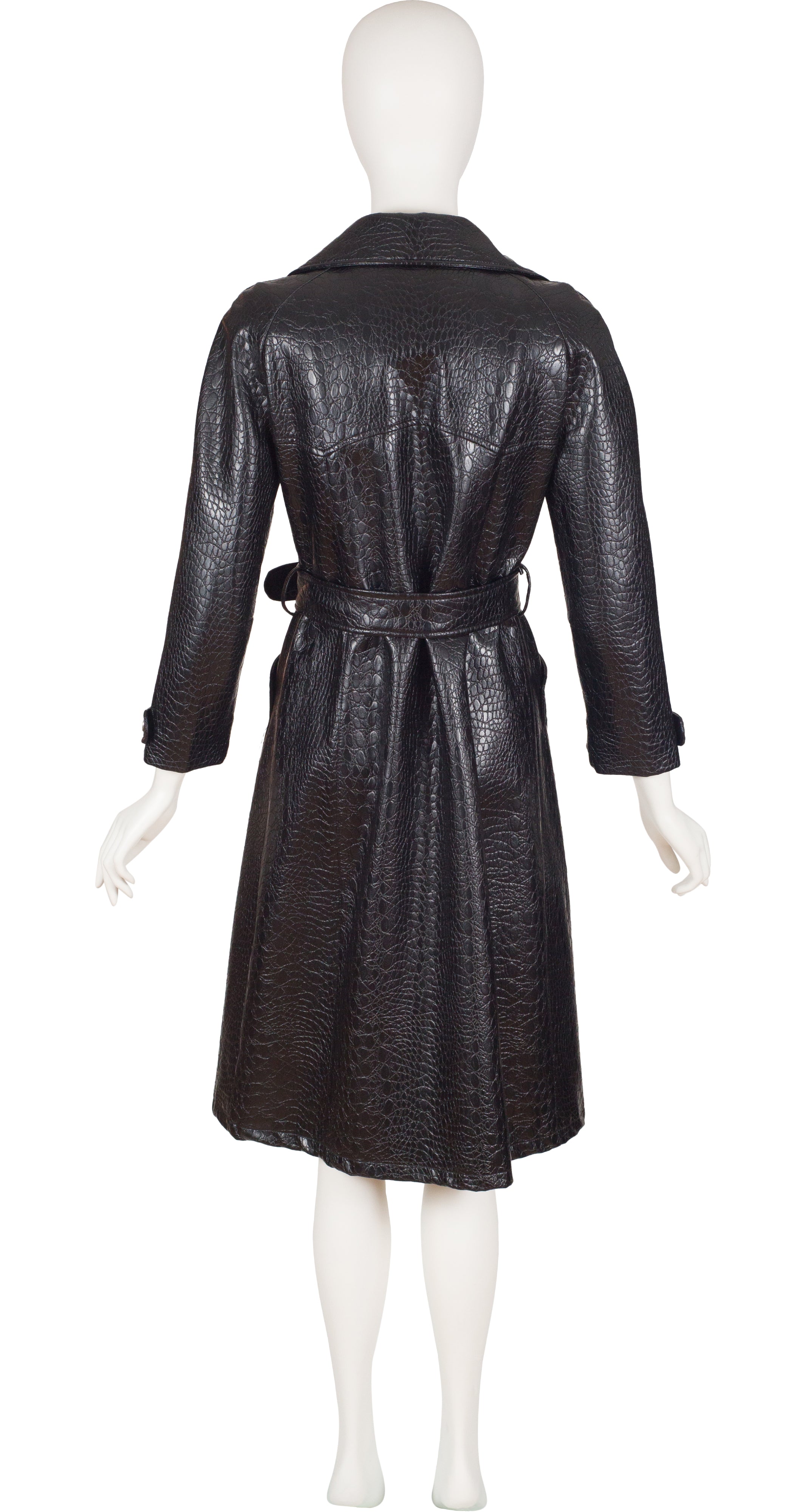 1970s Black Faux Crocodile Double-Breasted Trench Coat