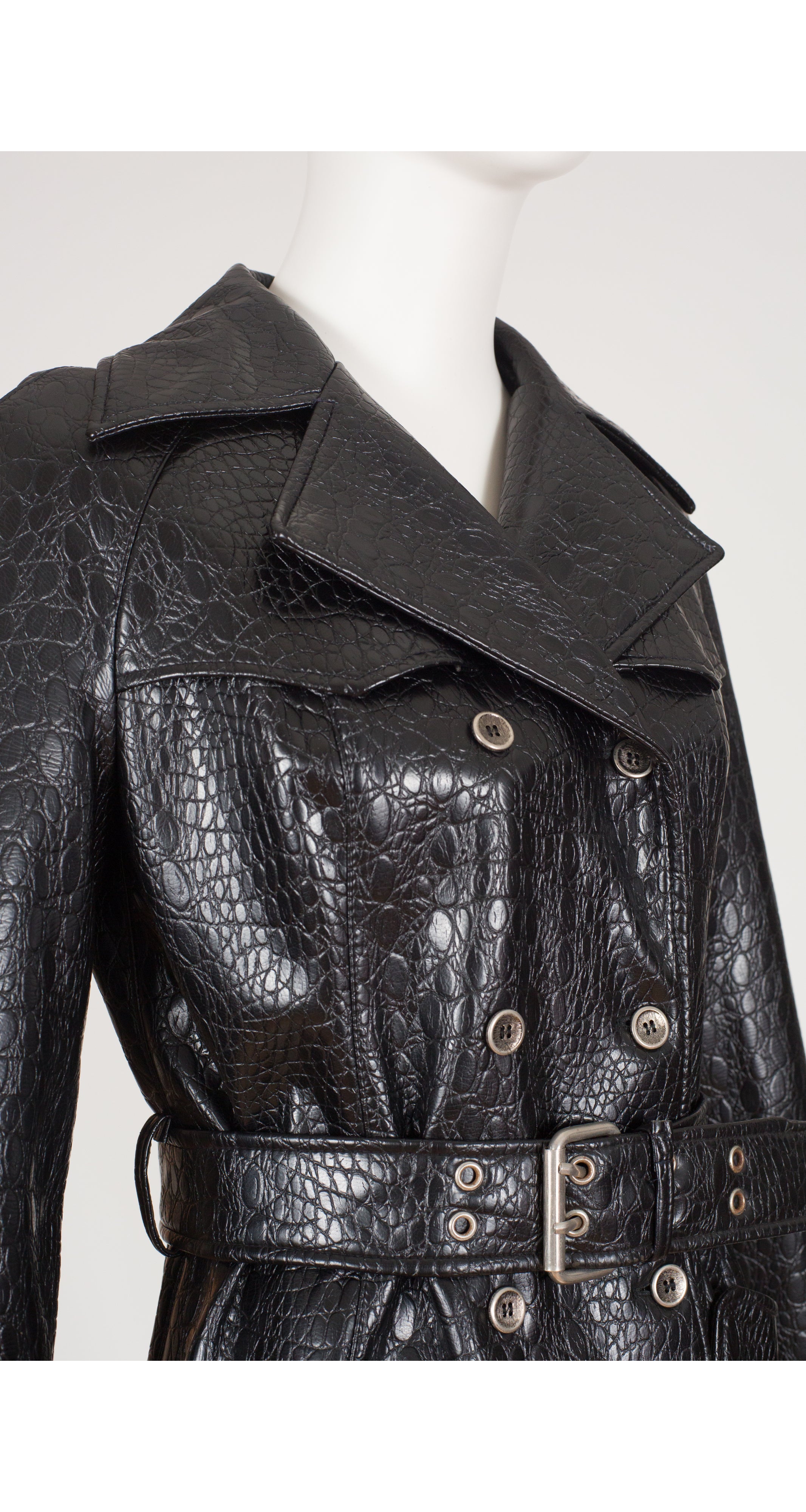 1970s Black Faux Crocodile Double-Breasted Trench Coat