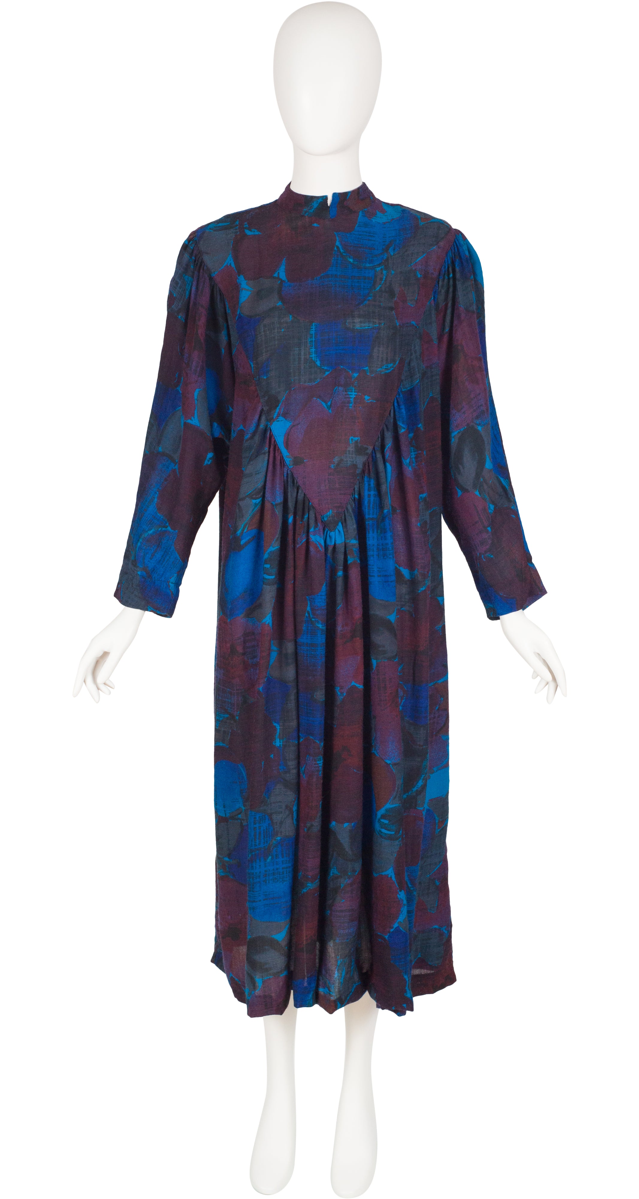 1980s Floral Wool Challis Dolman Sleeve Dress