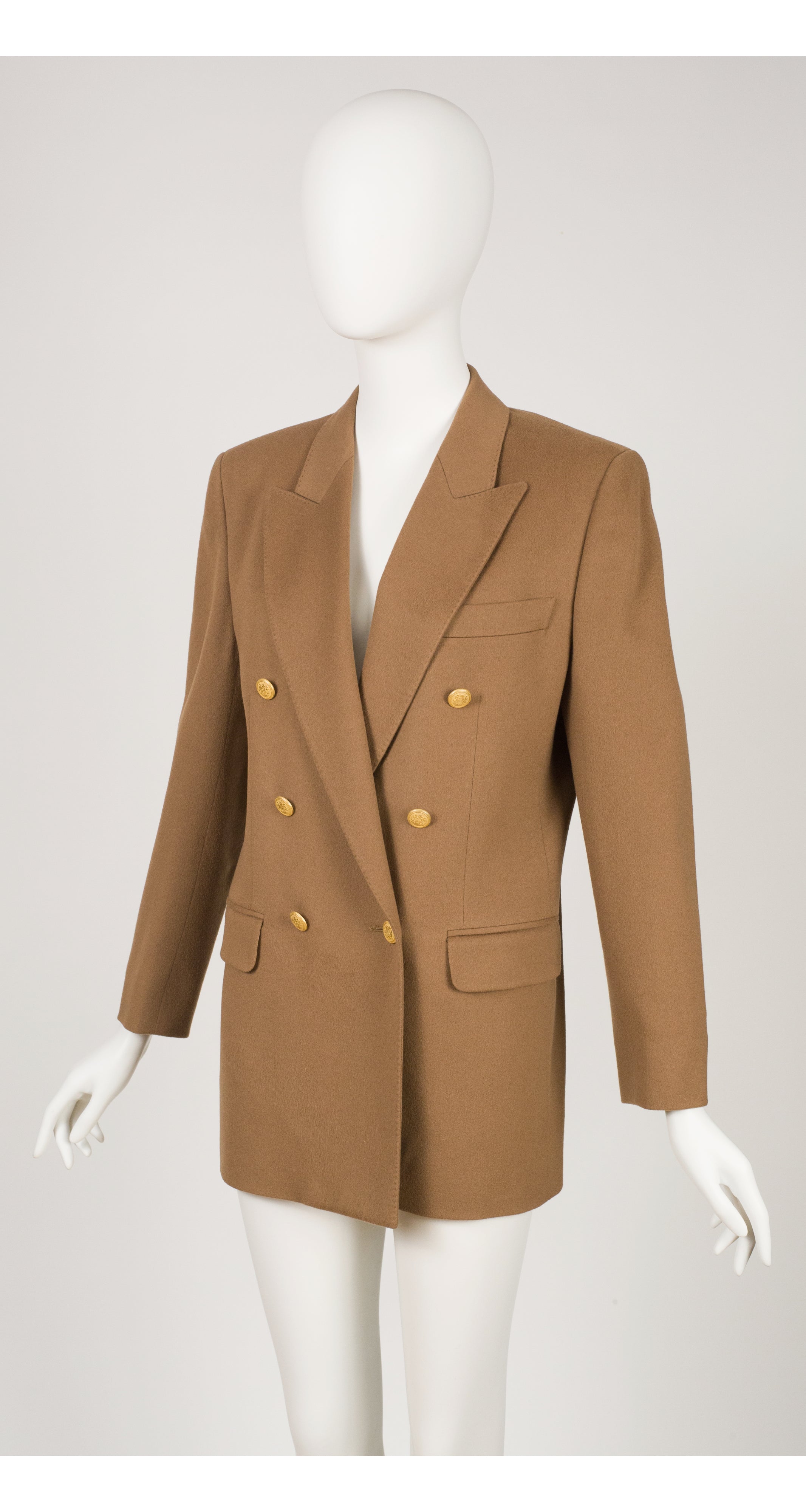 Camel Wool Double-Breasted Gold Button Blazer