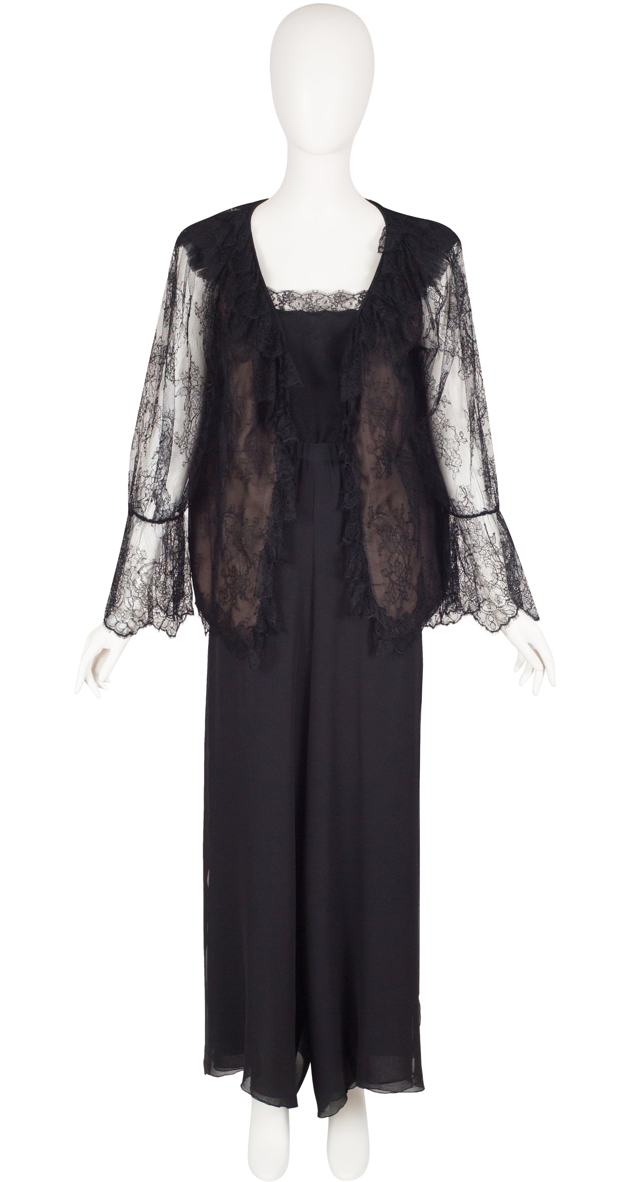 1980s Black Chantilly Lace & Silk Chiffon Three-Piece Outfit