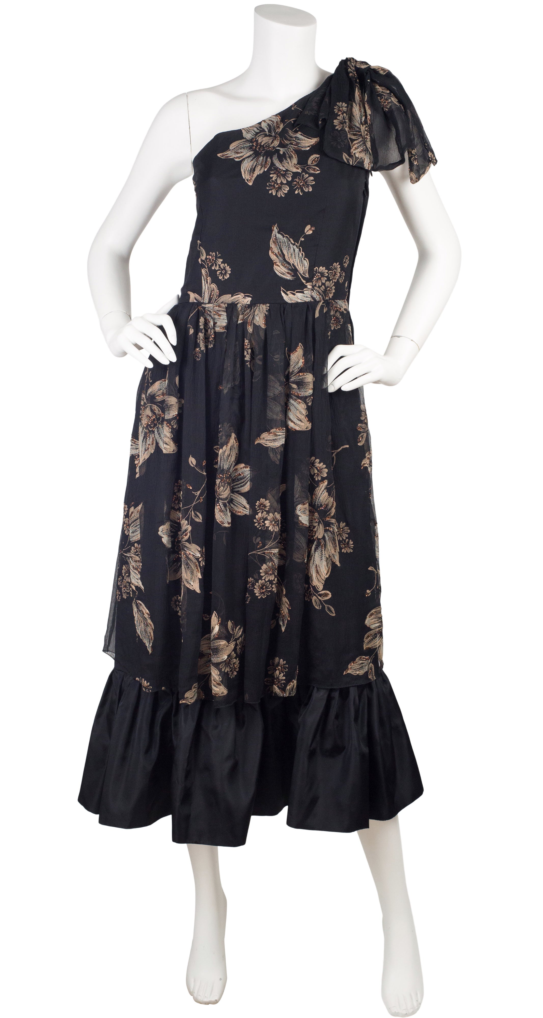 1970s Silk Chiffon One-Shoulder Evening Dress