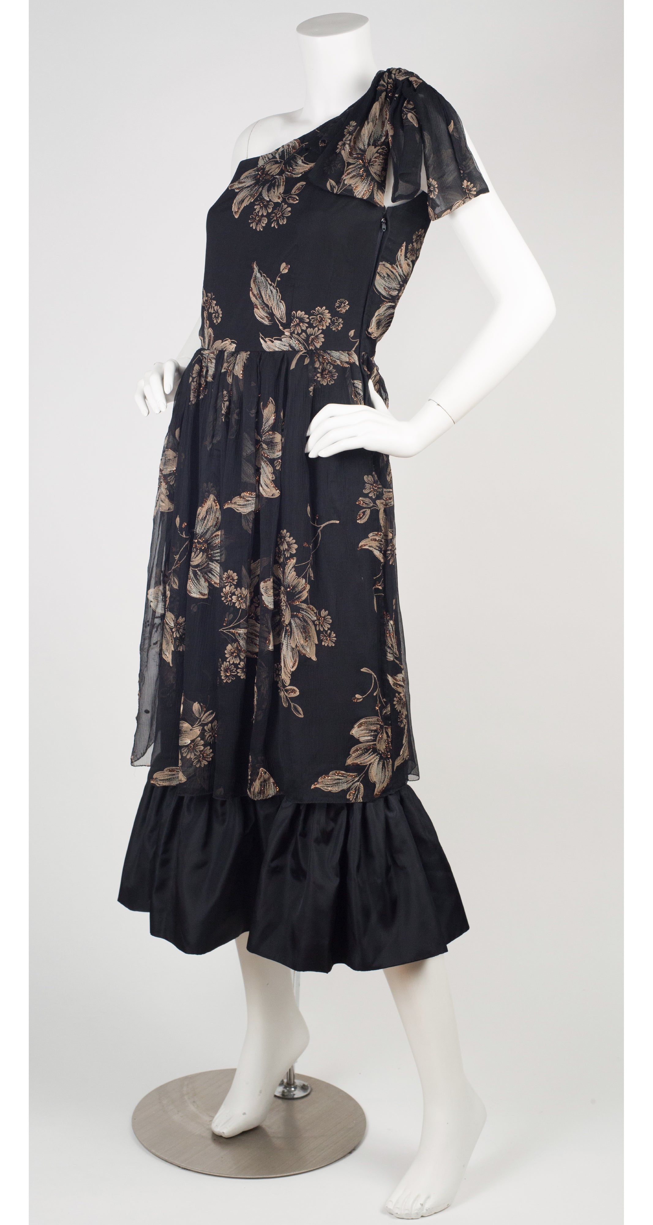 1970s Silk Chiffon One-Shoulder Evening Dress