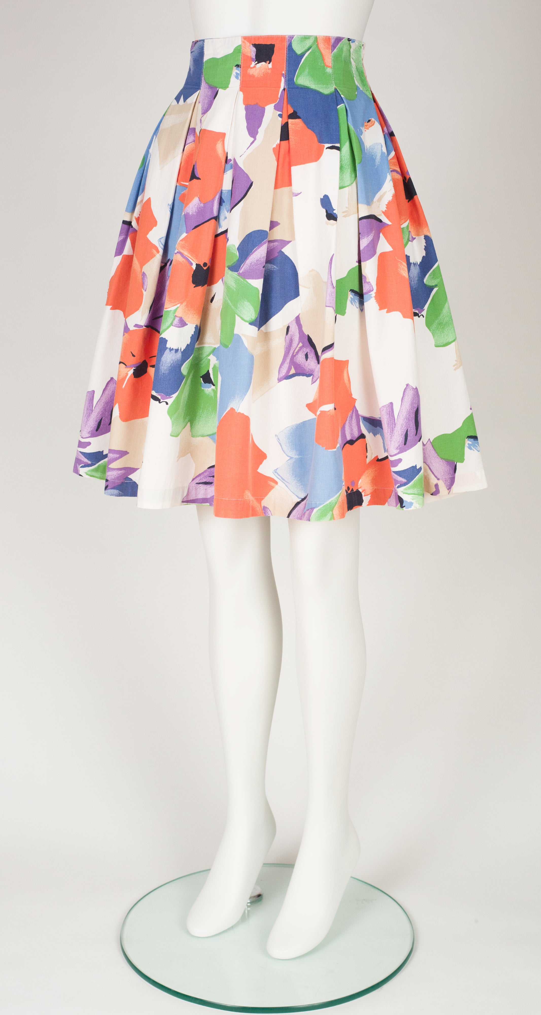1980s Floral Print Cotton Pleated Mini Skirt