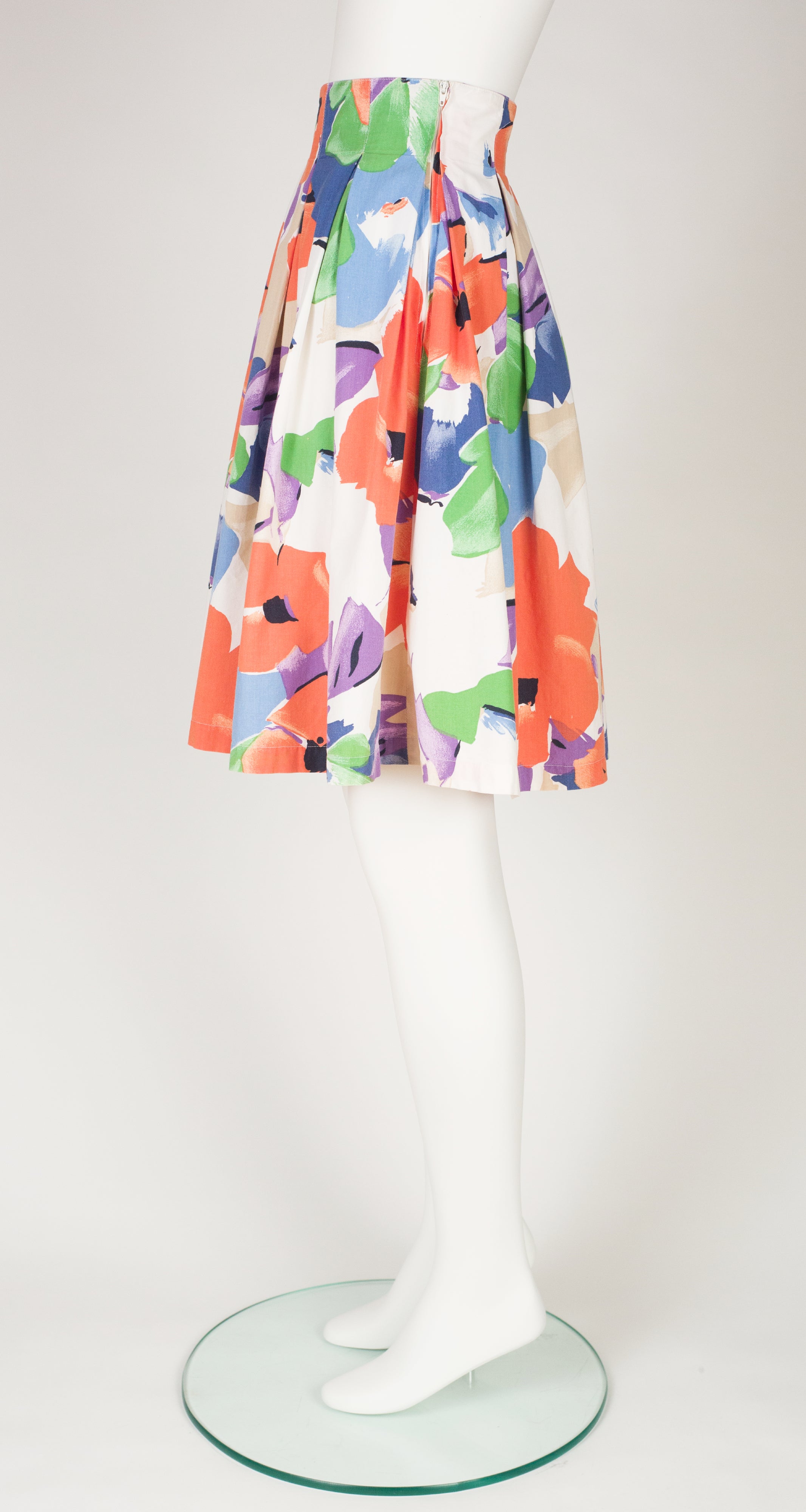 1980s Floral Print Cotton Pleated Mini Skirt