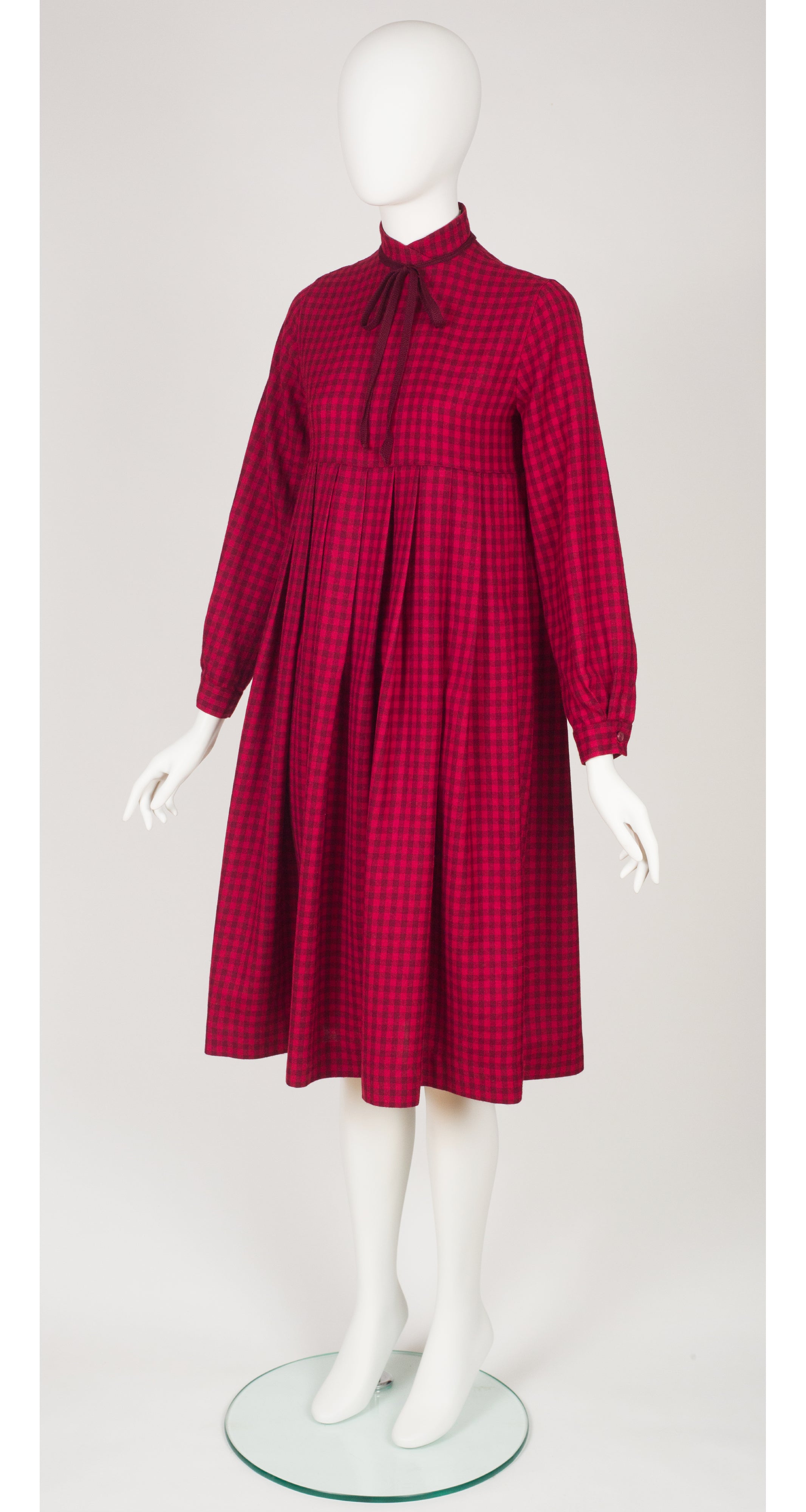 1980s Red Plaid Wool Empire Waist Pleated Dress