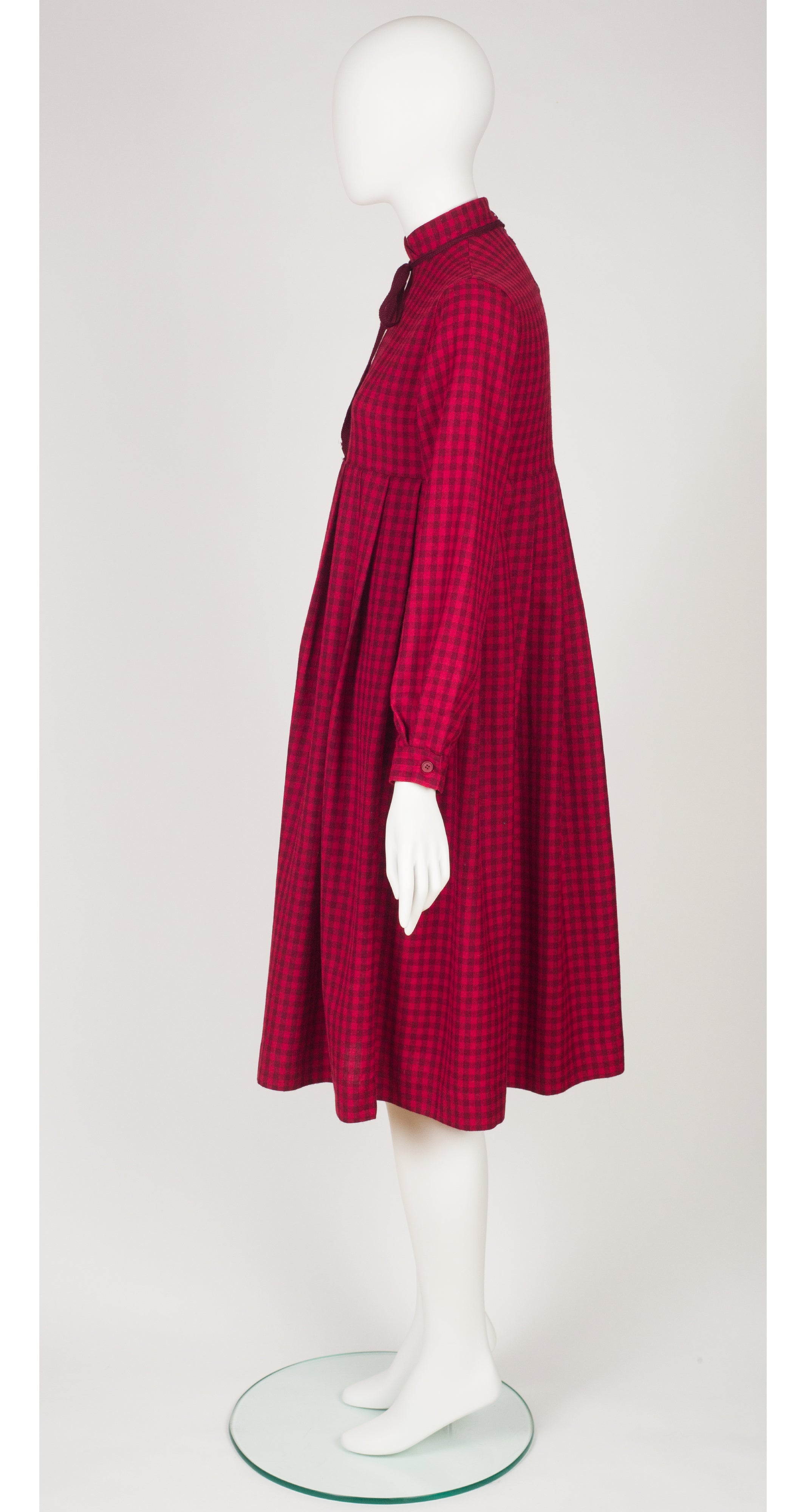 1980s Red Plaid Wool Empire Waist Pleated Dress