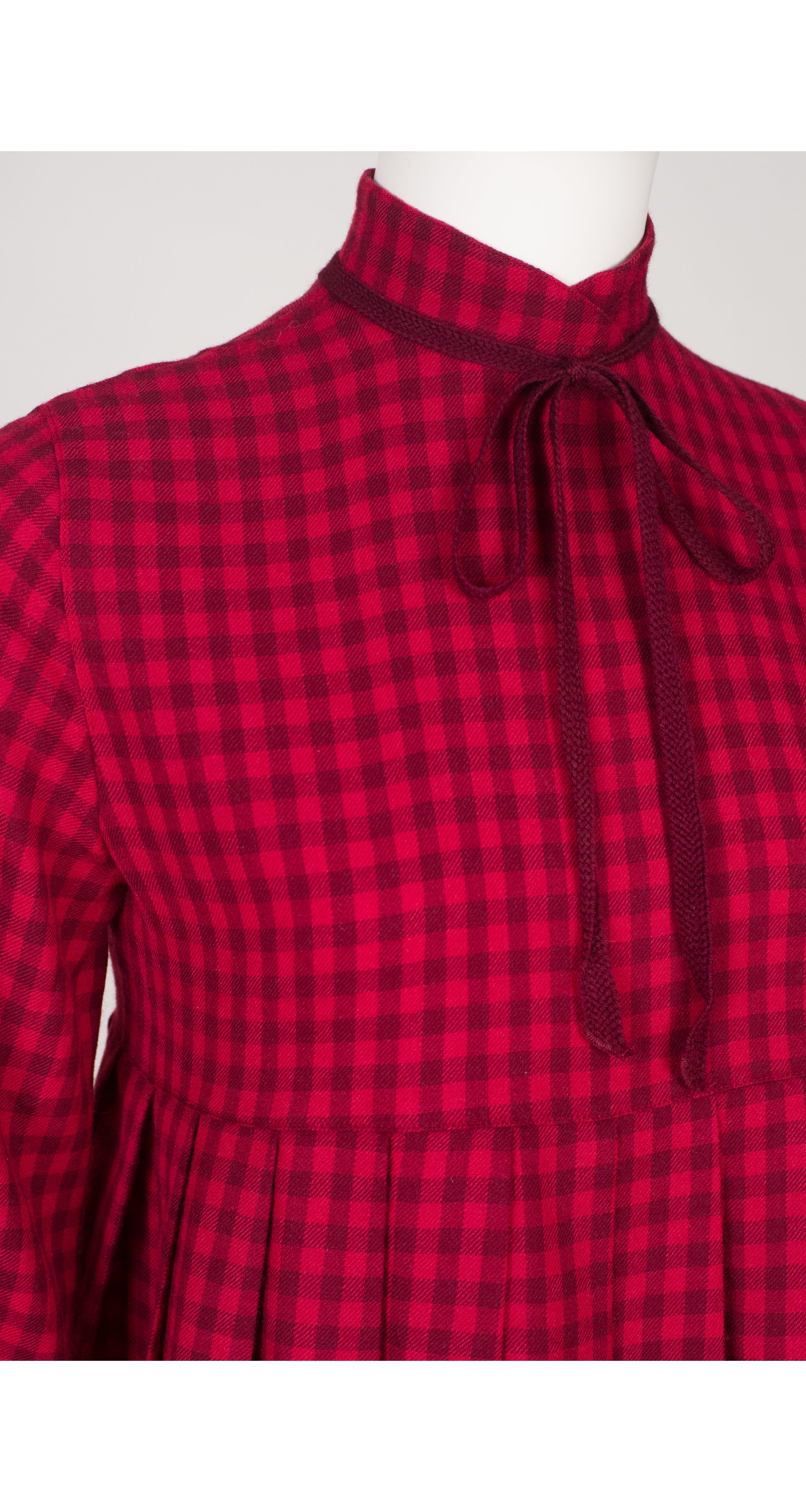 1980s Red Plaid Wool Empire Waist Pleated Dress