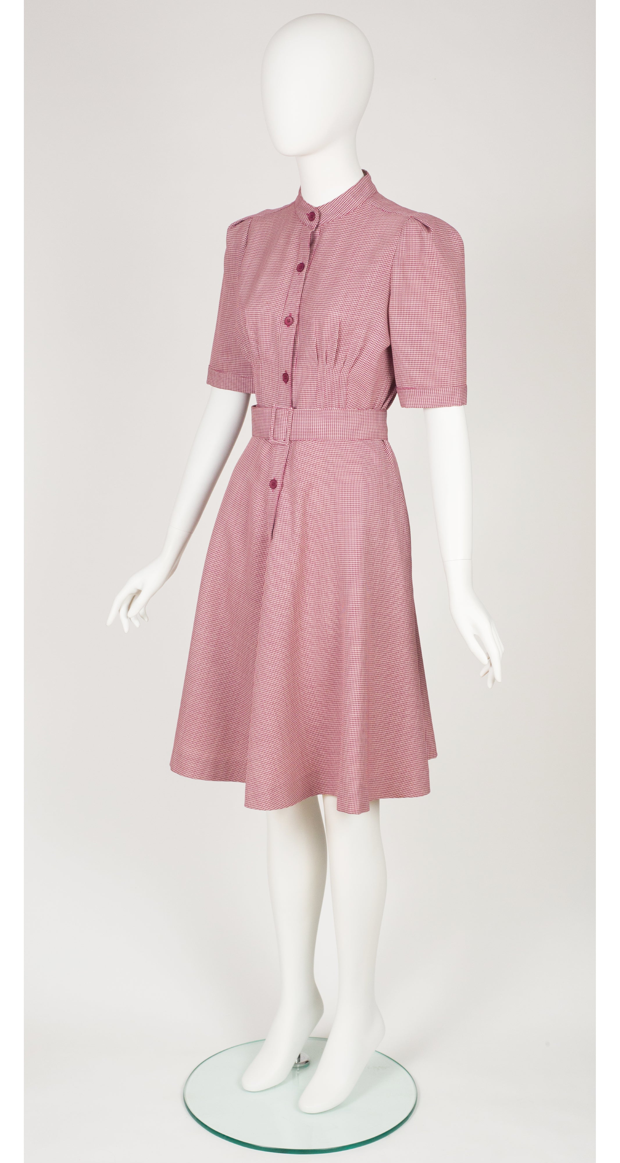 1970s Magenta Houndstooth Wool Day Dress