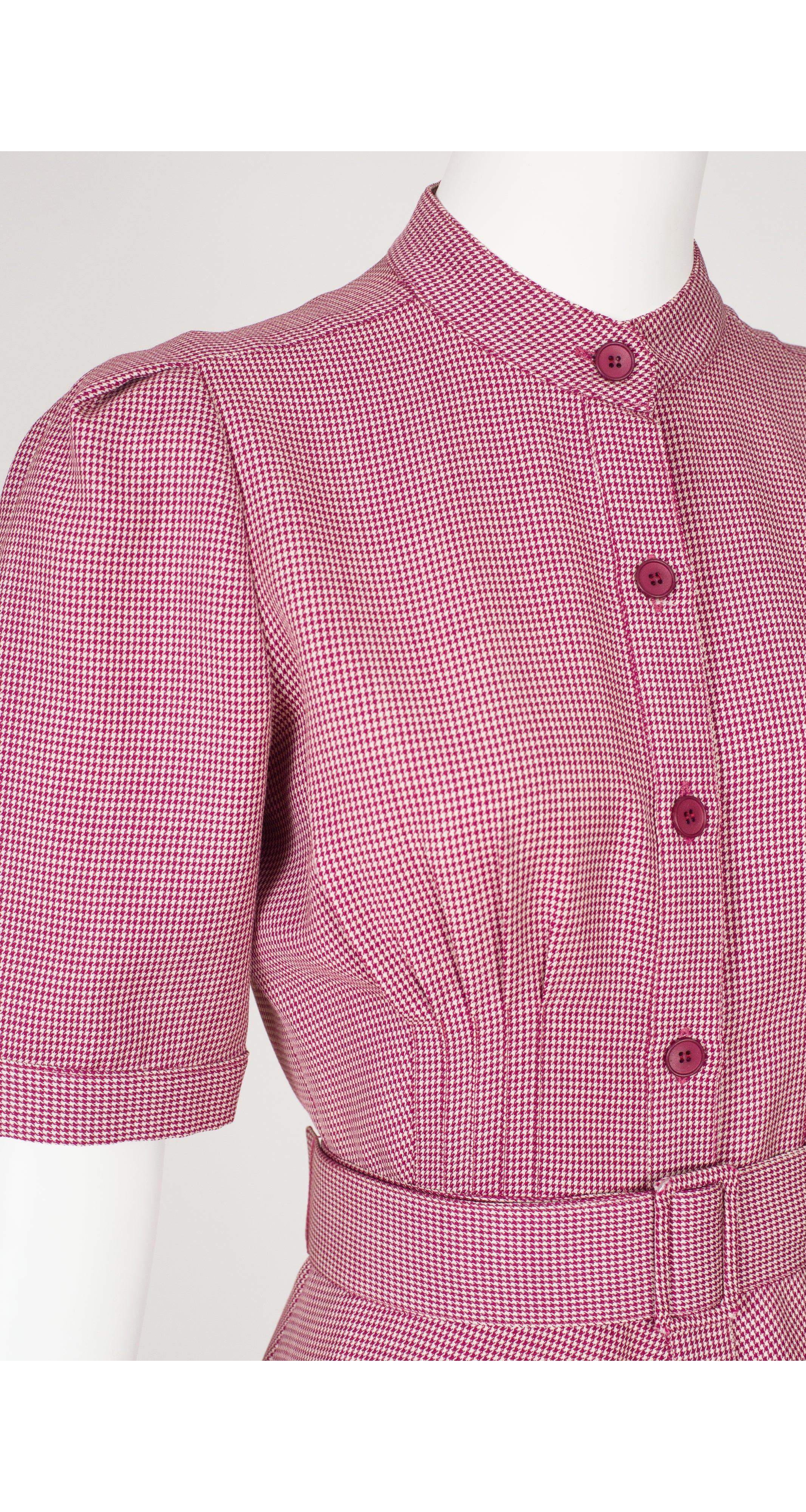 1970s Magenta Houndstooth Wool Day Dress