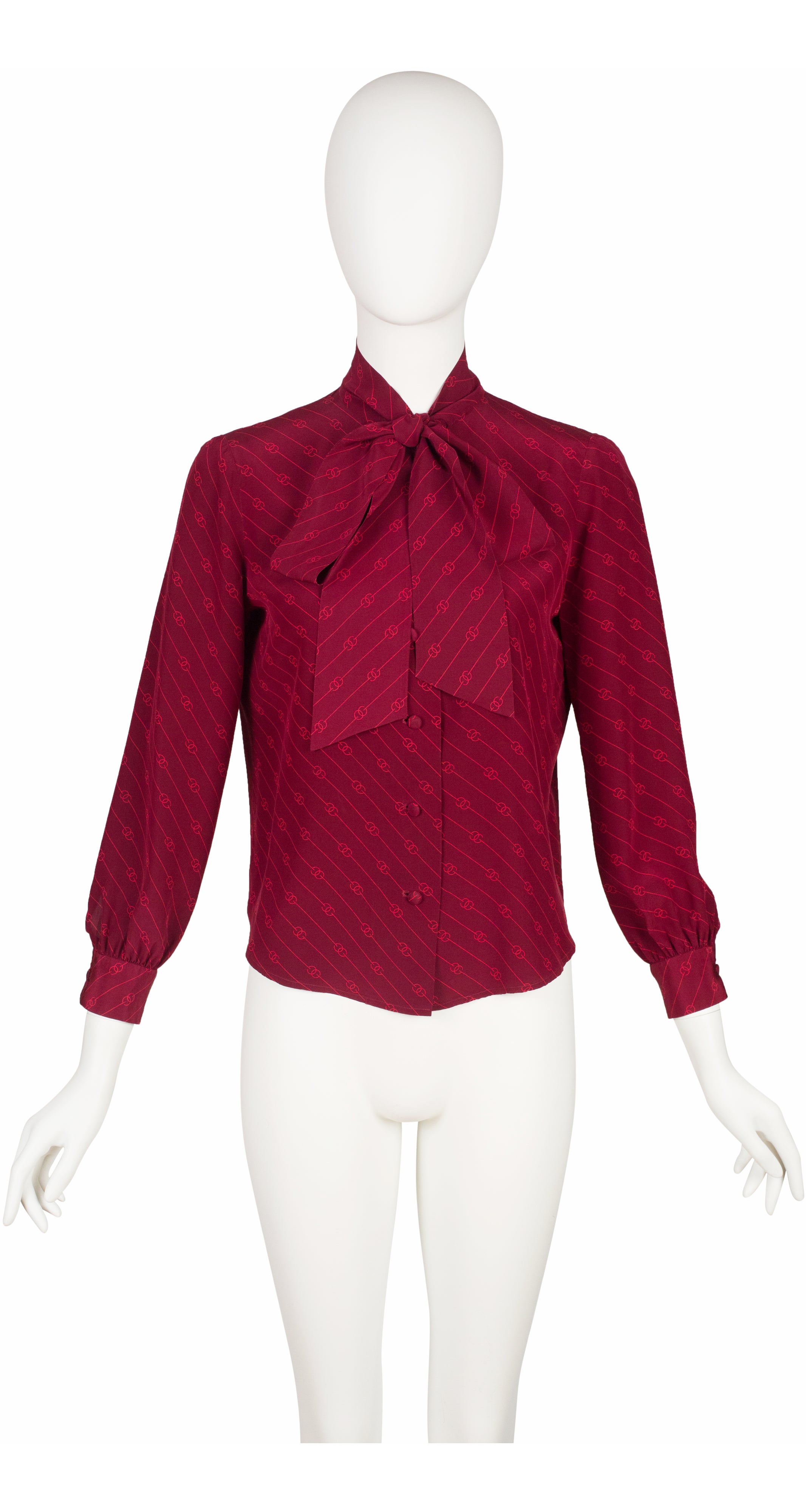 1970s GG Print Burgundy Silk Tie-Neck Blouse
