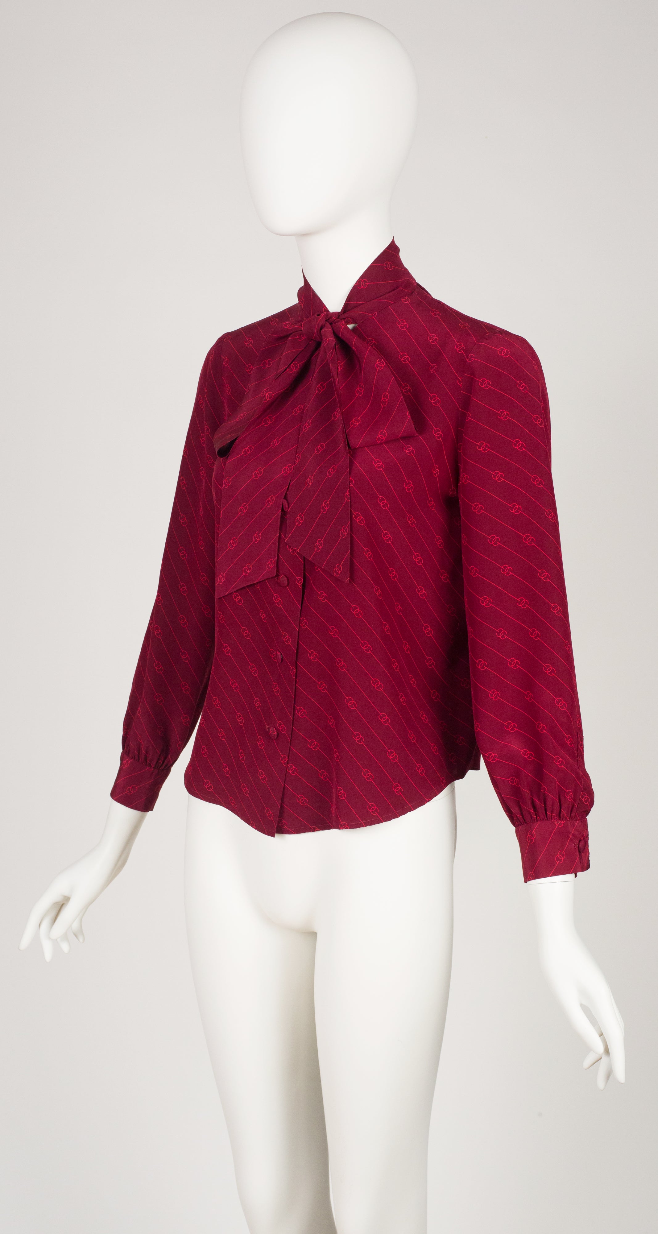 1970s GG Print Burgundy Silk Tie-Neck Blouse