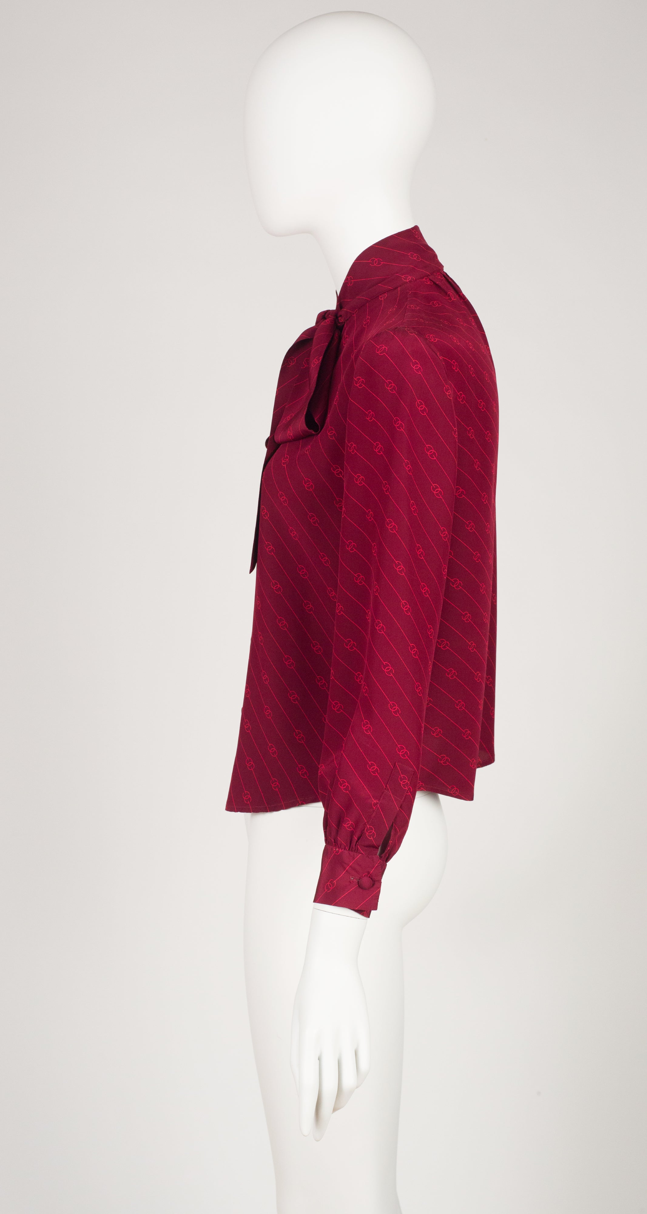 1970s GG Print Burgundy Silk Tie-Neck Blouse