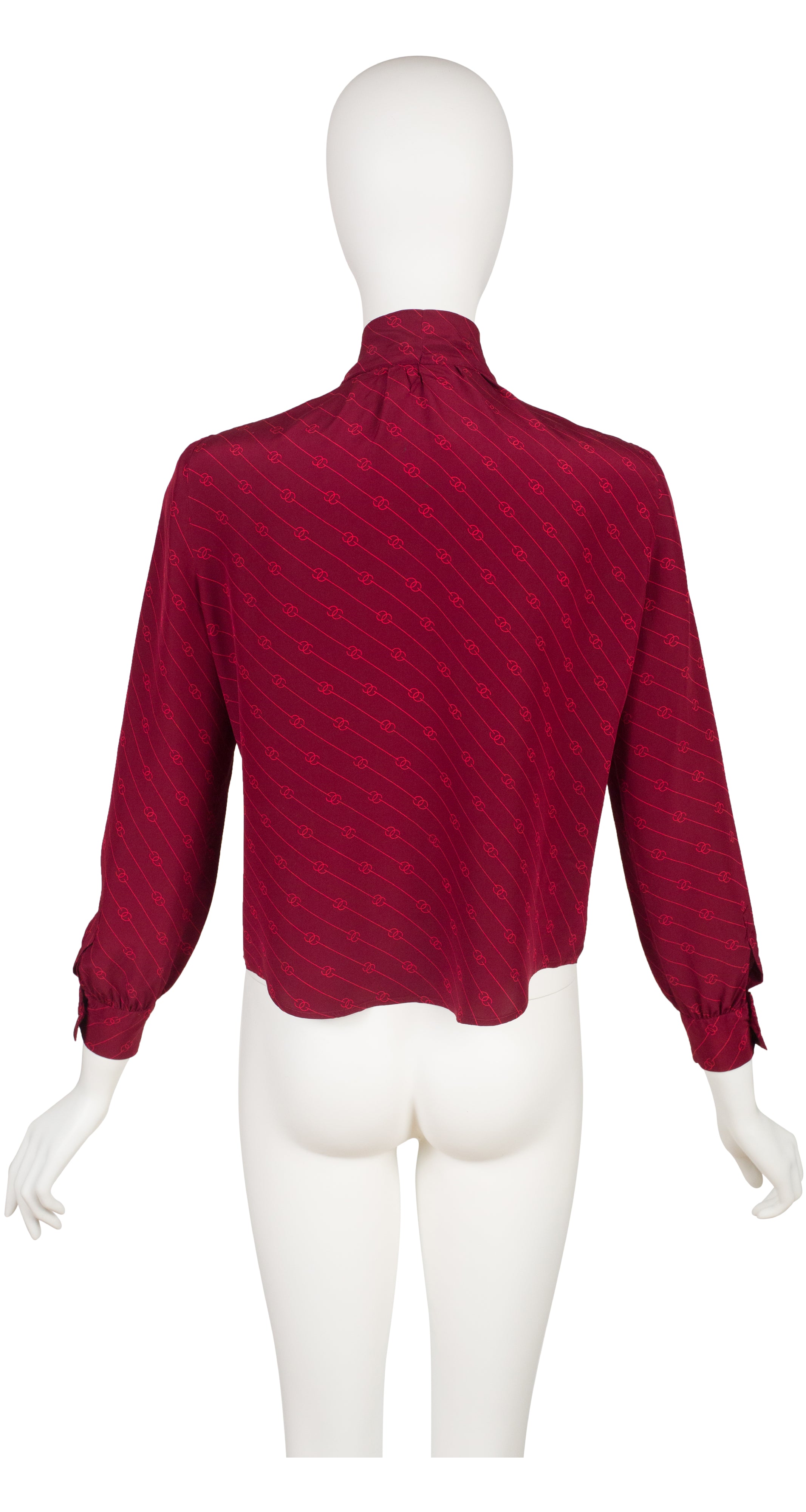 1970s GG Print Burgundy Silk Tie-Neck Blouse