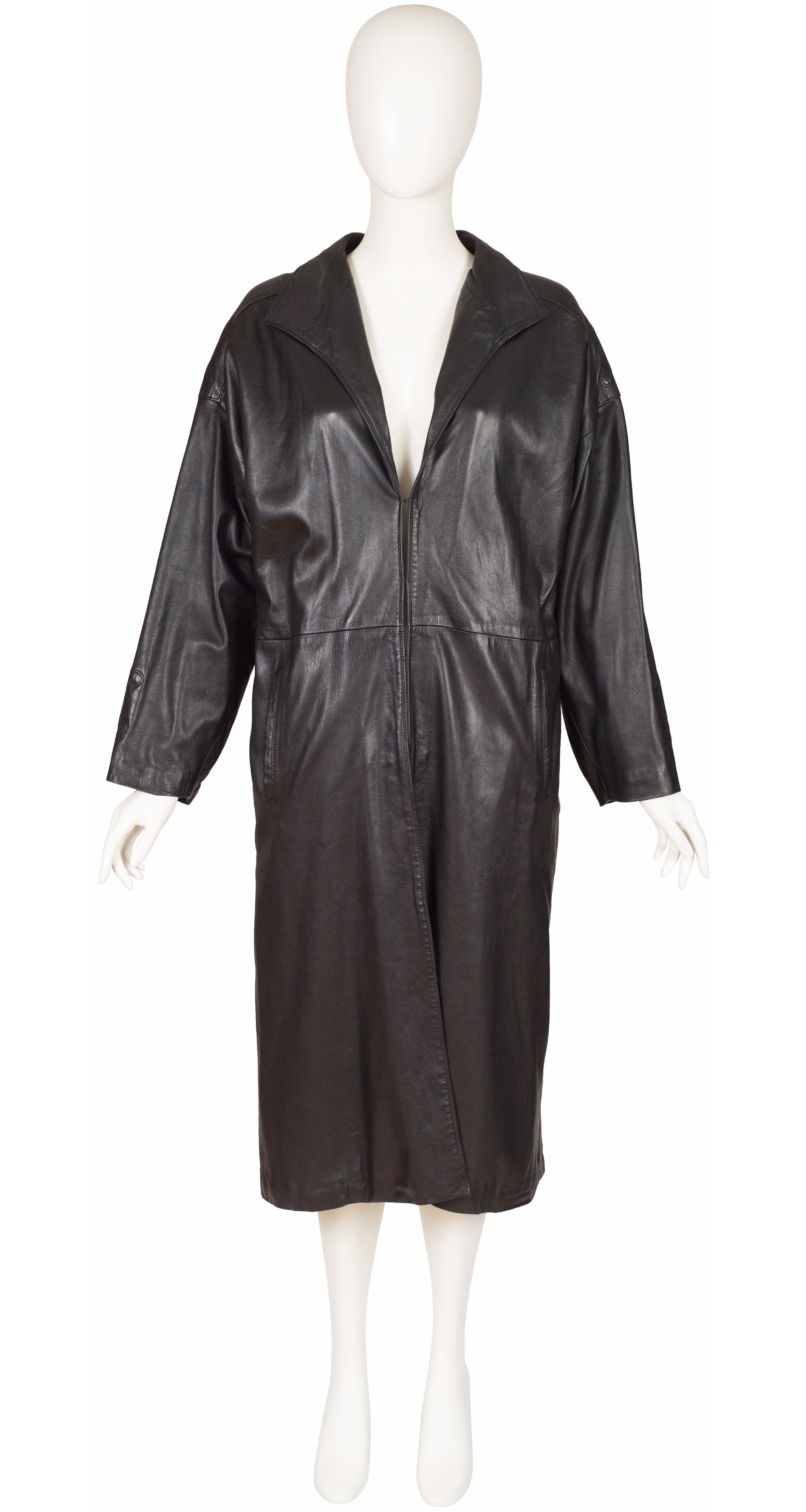 1980s Logo Sleeve Black Leather Collared Coat