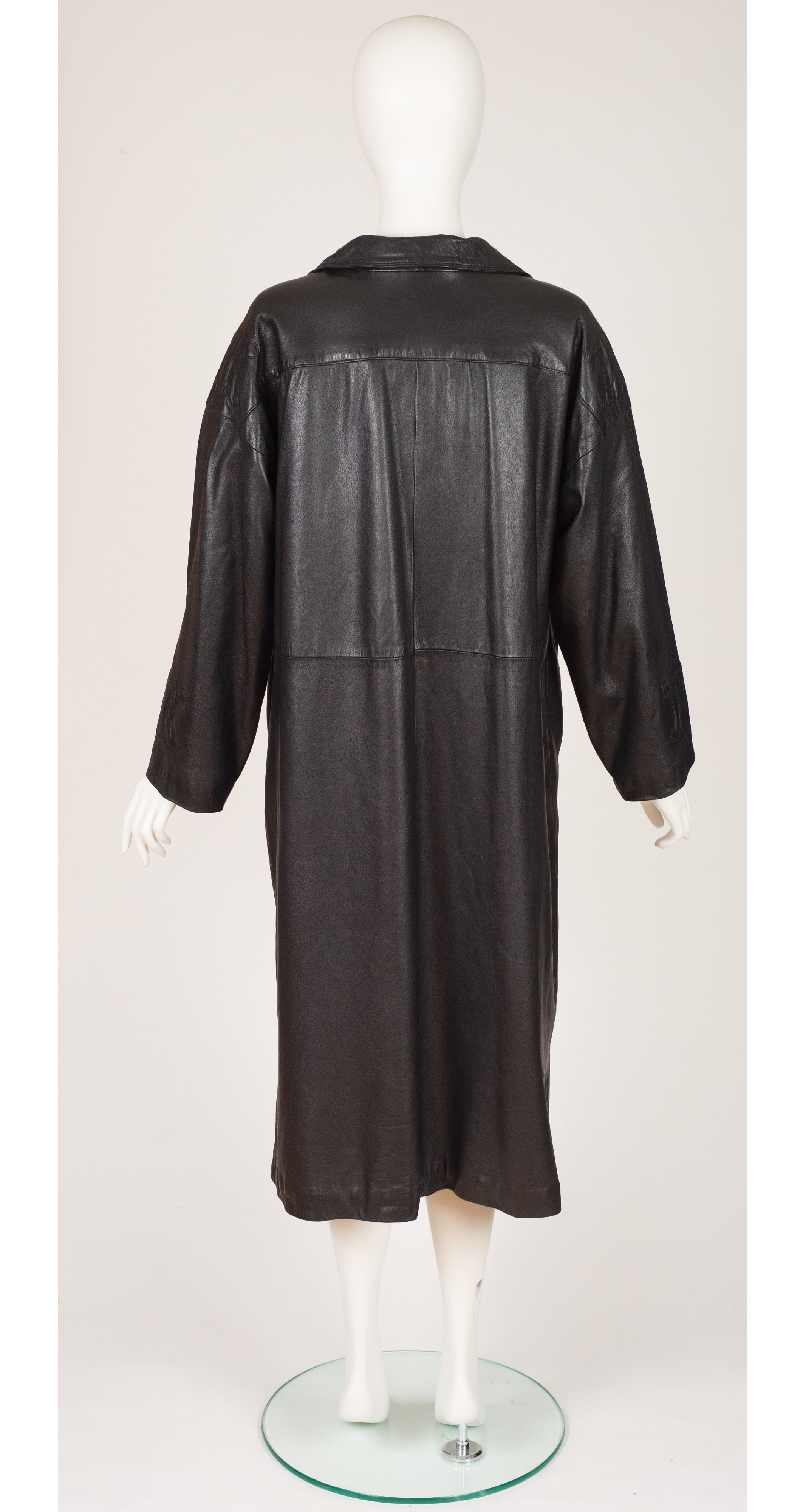 1980s Logo Sleeve Black Leather Collared Coat