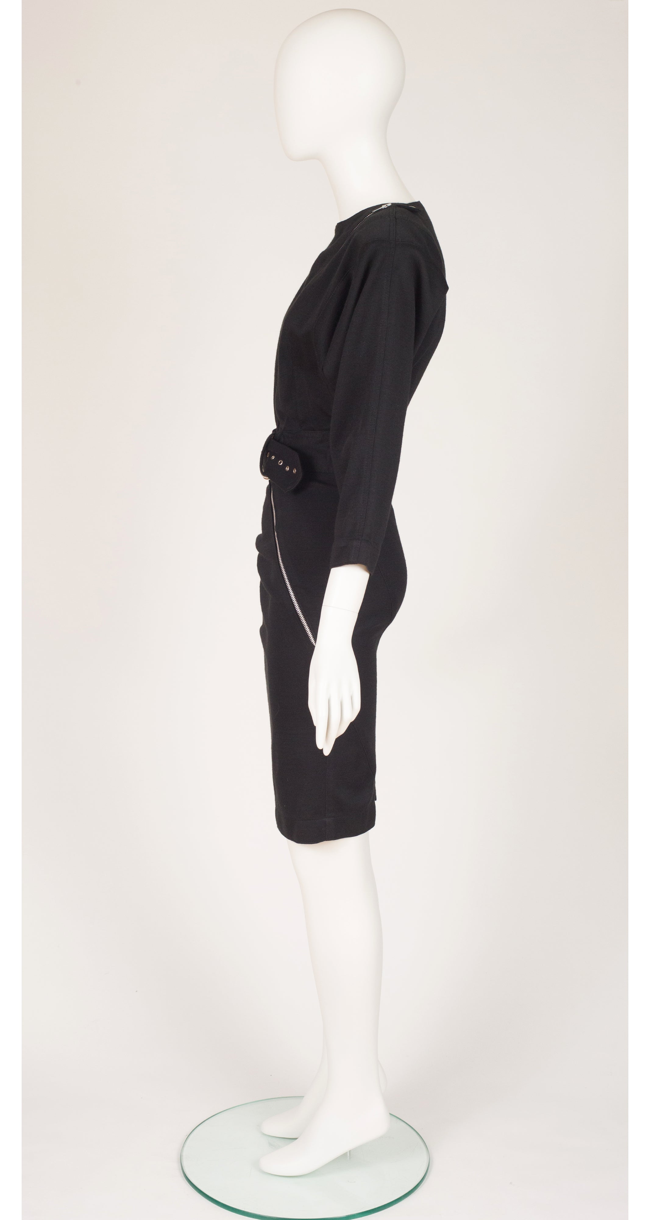 1980s Black Wool Jersey Silver Metal Zip Dress