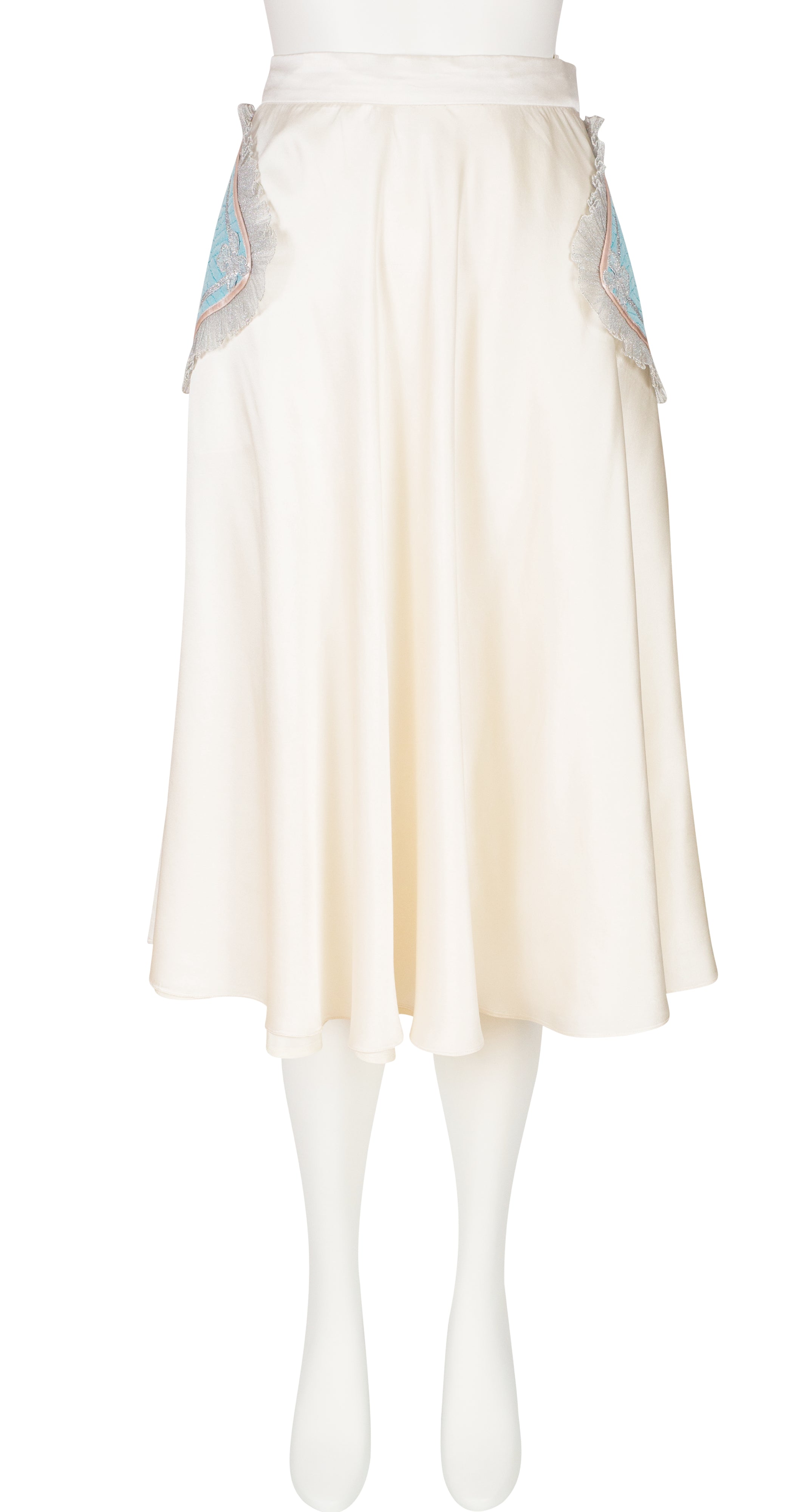 1970s Cream Silk Quilted Pocket High-Waisted Skirt